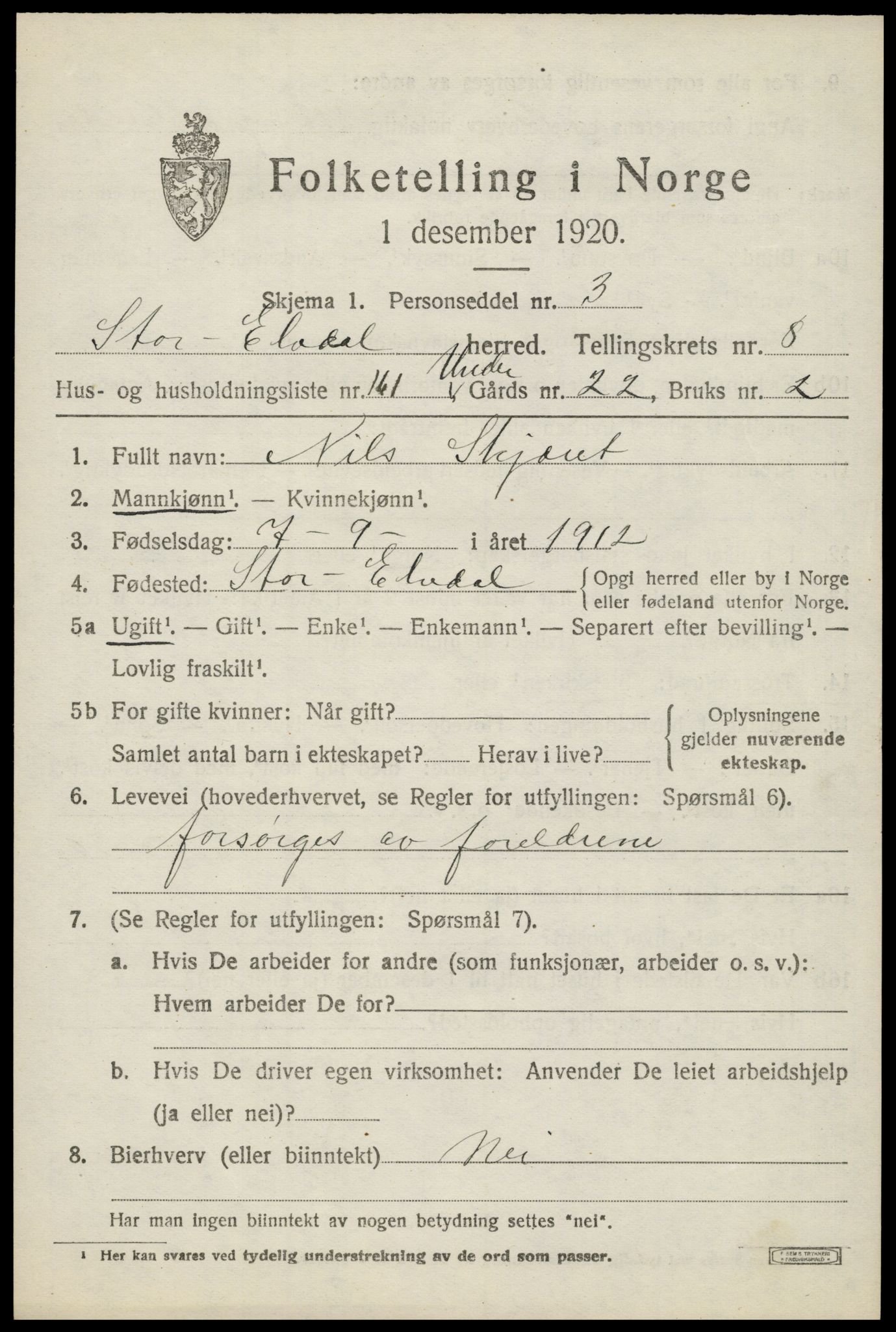 SAH, Folketelling 1920 for 0430 Stor-Elvdal herred, 1920, s. 8440