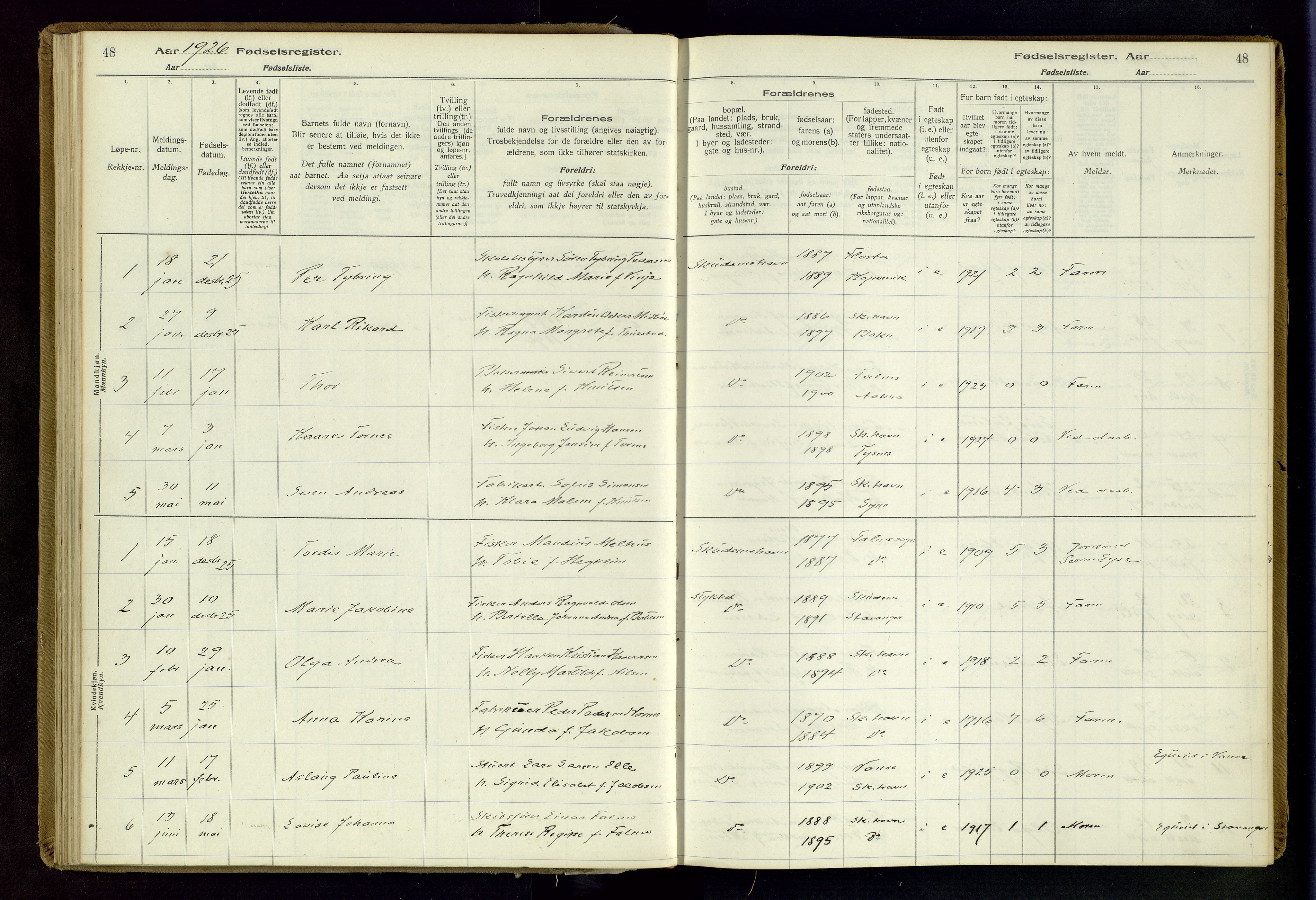 Skudenes sokneprestkontor, AV/SAST-A -101849/I/Id/L0003: Fødselsregister nr. 3, 1916-1964, s. 48