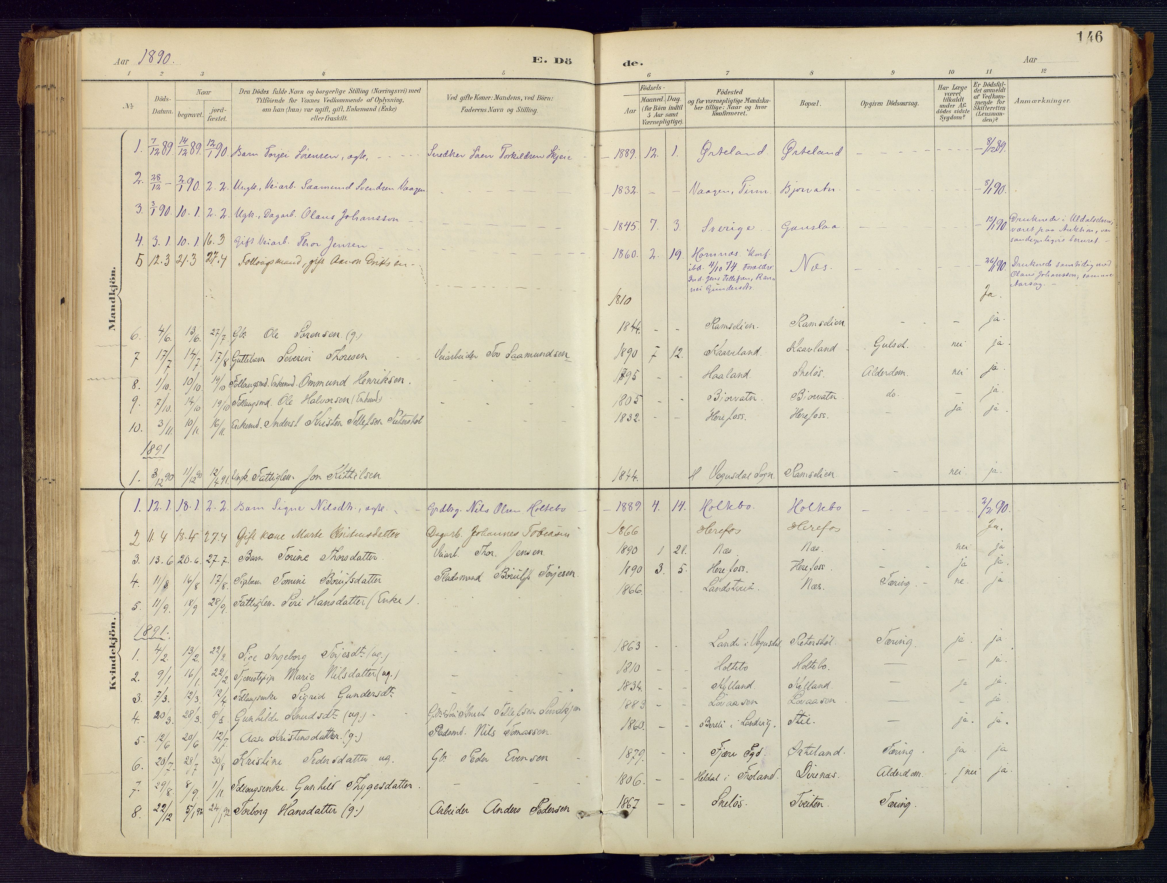 Herefoss sokneprestkontor, AV/SAK-1111-0019/F/Fa/Faa/L0003: Ministerialbok nr. A 3, 1887-1930, s. 146