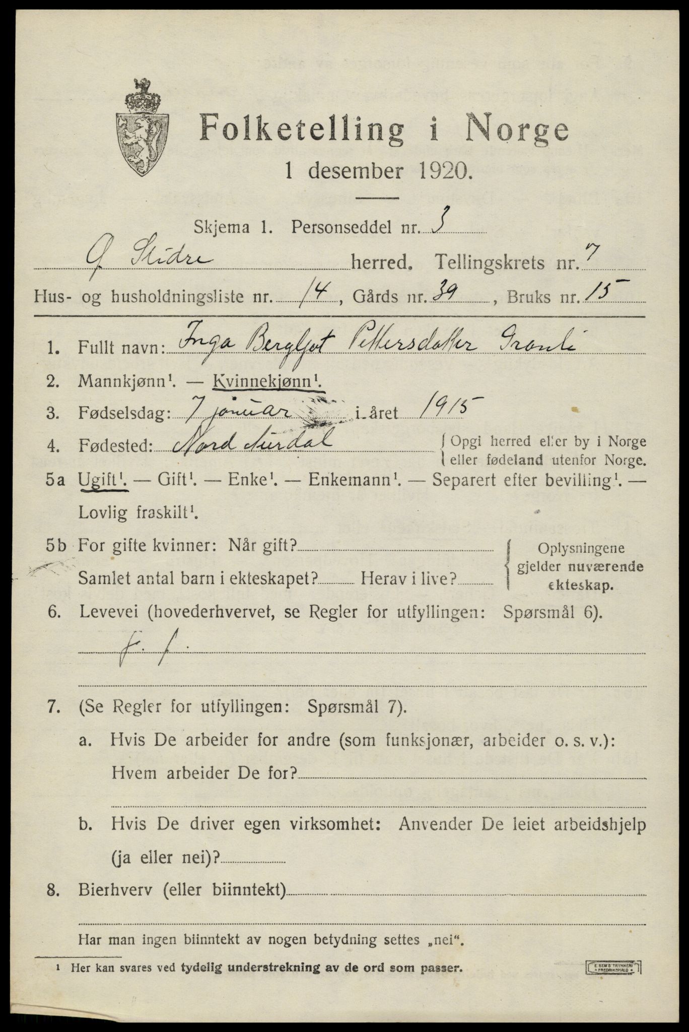 SAH, Folketelling 1920 for 0544 Øystre Slidre herred, 1920, s. 4137