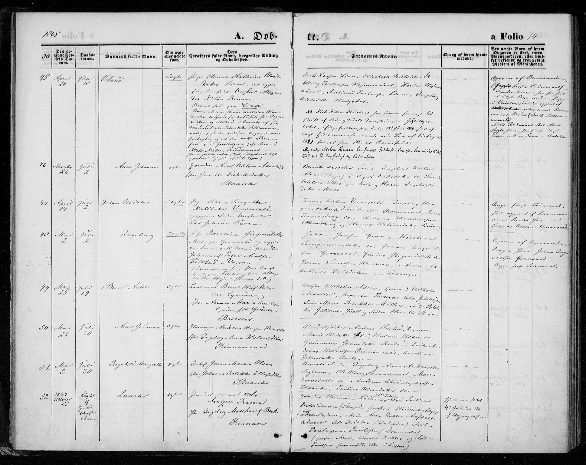 Ministerialprotokoller, klokkerbøker og fødselsregistre - Nord-Trøndelag, AV/SAT-A-1458/721/L0206: Ministerialbok nr. 721A01, 1864-1874, s. 14