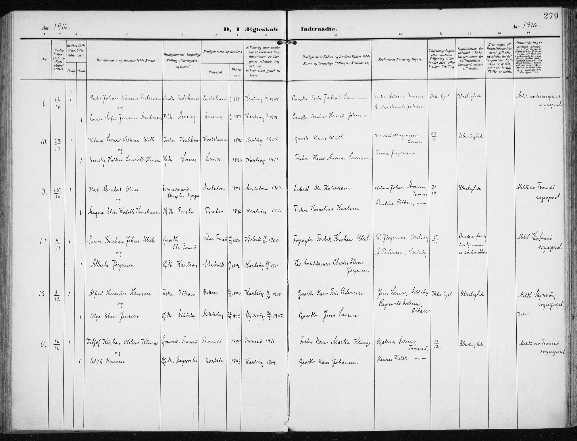 Karlsøy sokneprestembete, AV/SATØ-S-1299/H/Ha/Haa/L0014kirke: Ministerialbok nr. 14, 1903-1917, s. 279