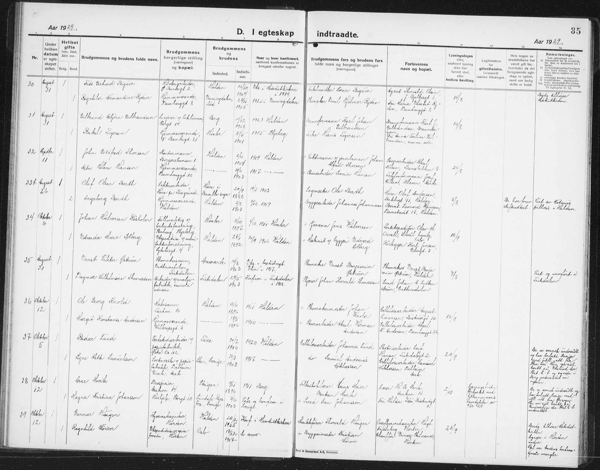 Halden prestekontor Kirkebøker, AV/SAO-A-10909/G/Ga/L0014: Klokkerbok nr. 14, 1925-1943, s. 35