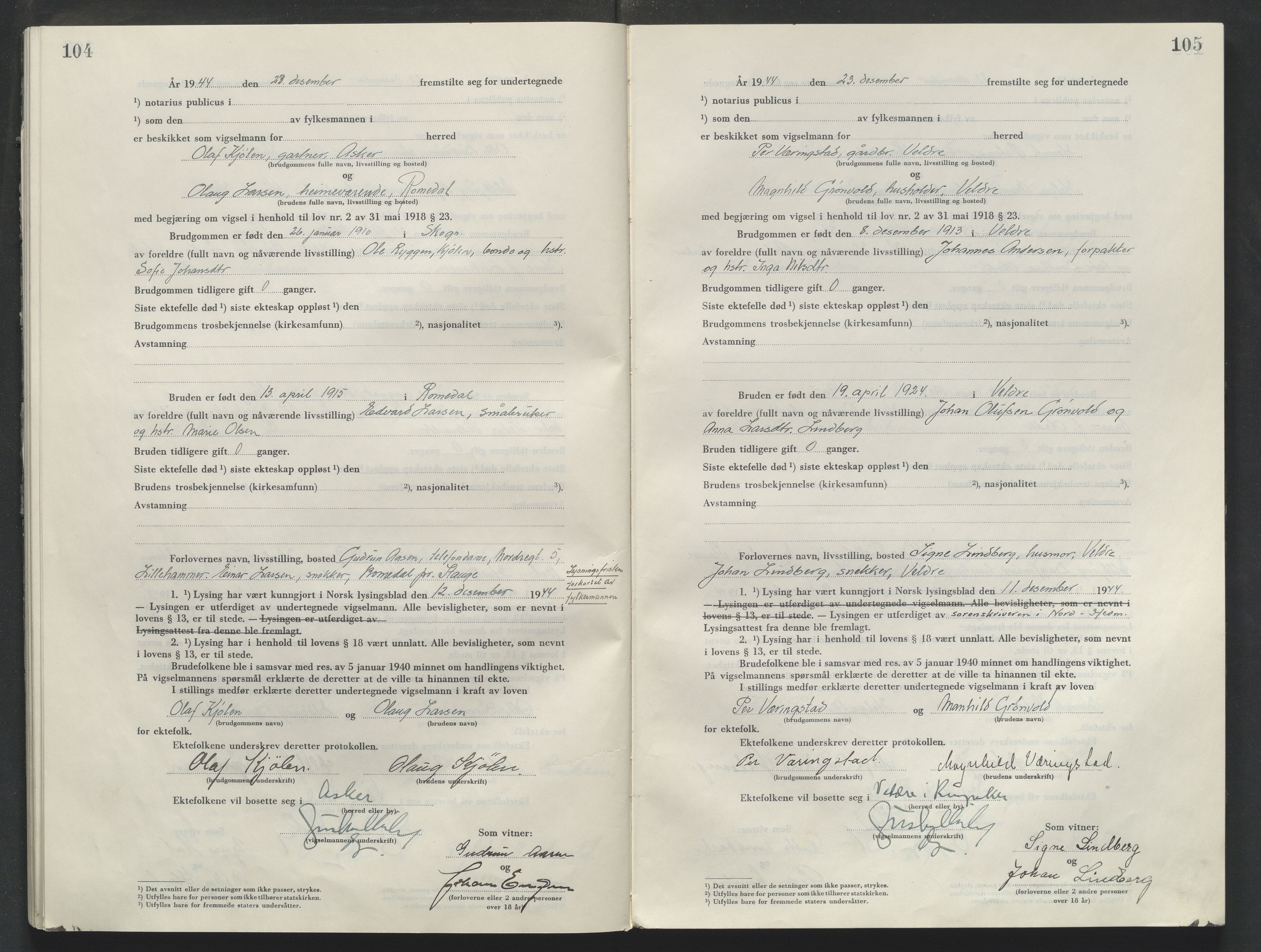 Sør-Hedmark sorenskriveri, AV/SAH-TING-014/L/Le/L0002/0001: Vigselsbøker / Vigselbok, 1944-1945, s. 106-107