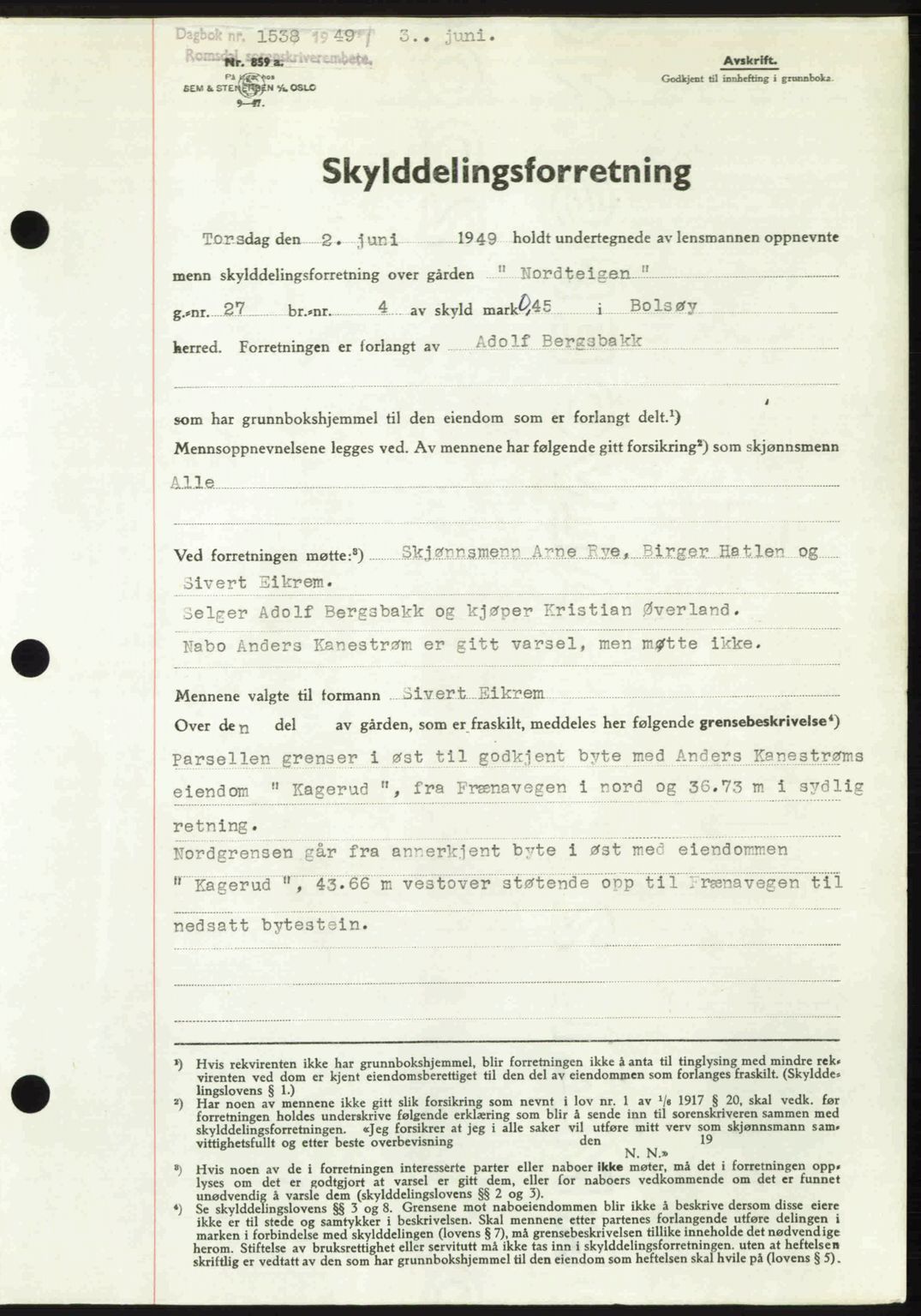 Romsdal sorenskriveri, SAT/A-4149/1/2/2C: Pantebok nr. A30, 1949-1949, Dagboknr: 1538/1949