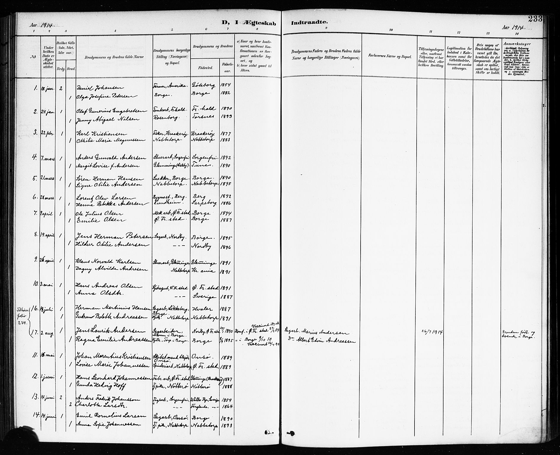 Østre Fredrikstad prestekontor Kirkebøker, AV/SAO-A-10907/G/Ga/L0002: Klokkerbok nr. 2, 1900-1919, s. 233