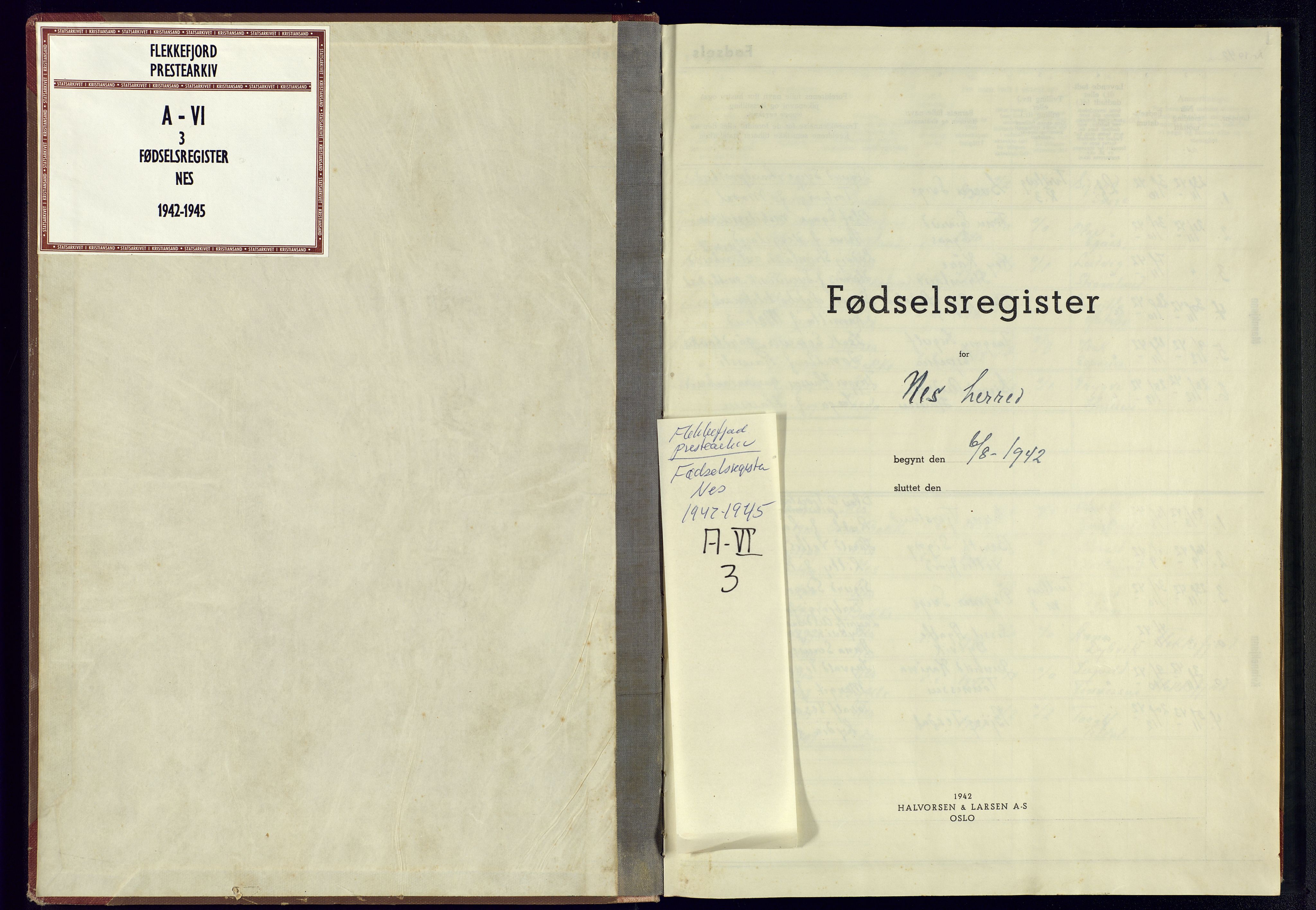 Flekkefjord sokneprestkontor, SAK/1111-0012/J/Jb/L0002: Fødselsregister nr. A-VI-3, 1942-1945