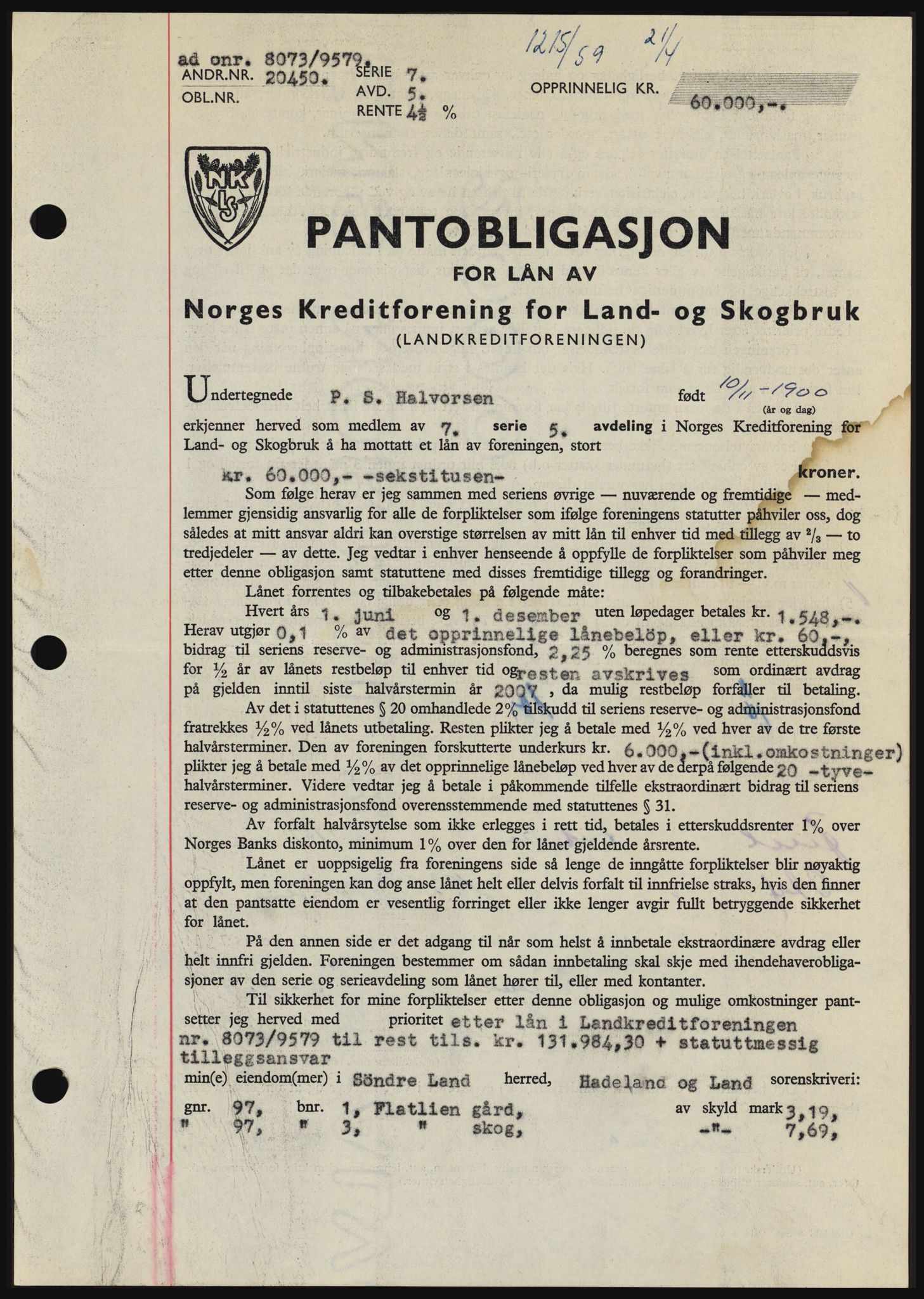 Hadeland og Land tingrett, SAH/TING-010/H/Hb/Hbc/L0040: Pantebok nr. B40, 1959-1959, Dagboknr: 1215/1959