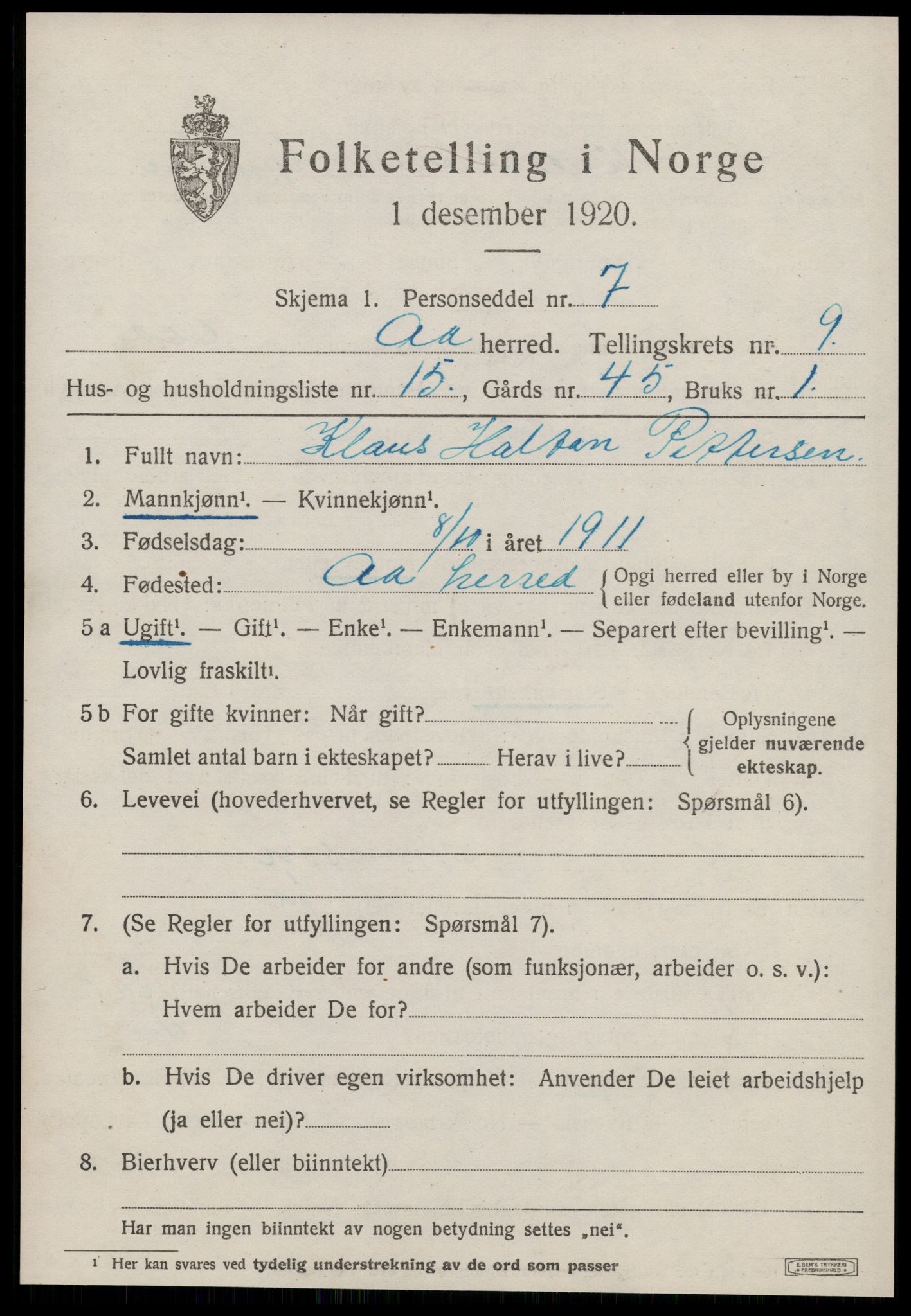 SAT, Folketelling 1920 for 1630 Å herred, 1920, s. 3968