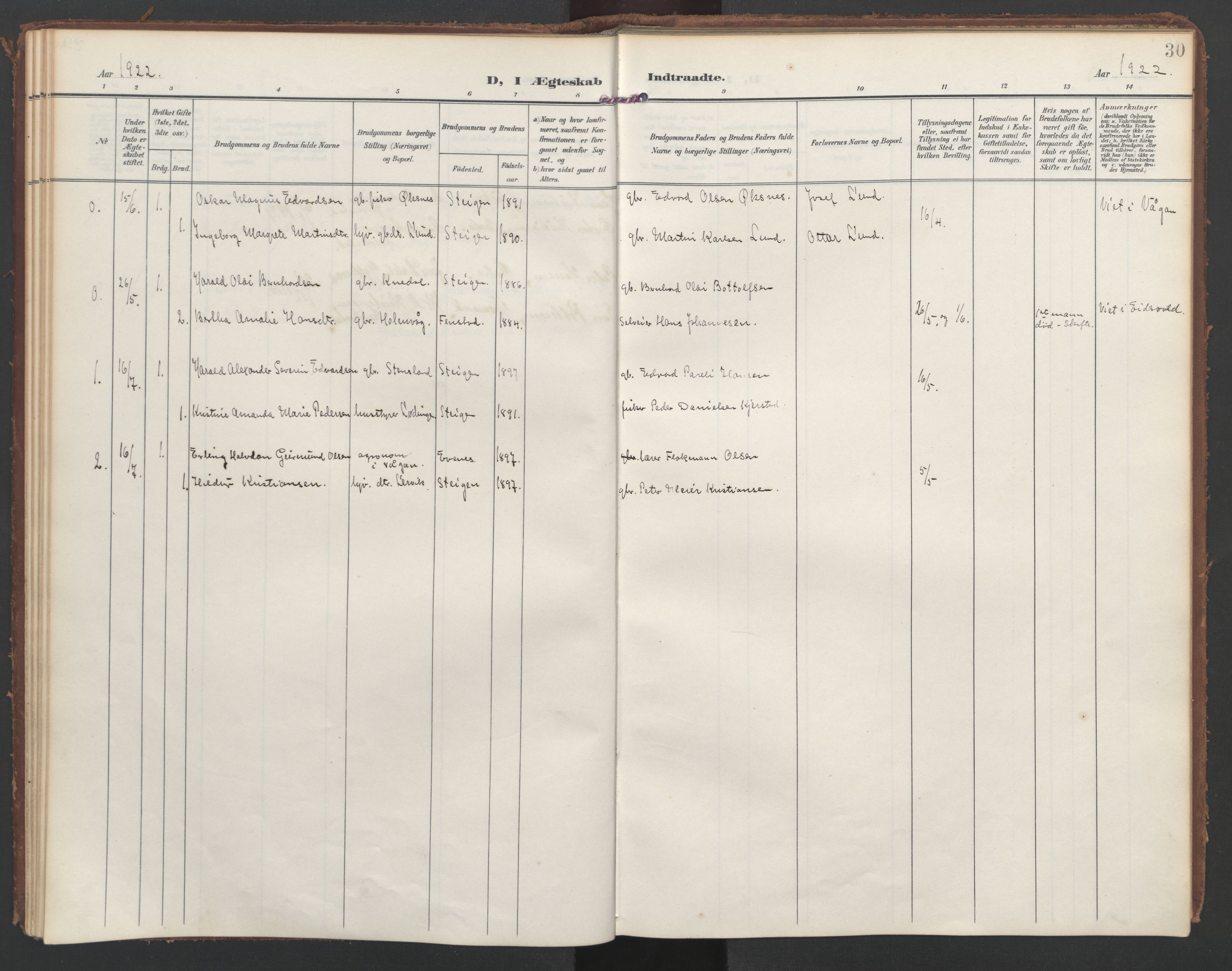 Ministerialprotokoller, klokkerbøker og fødselsregistre - Nordland, AV/SAT-A-1459/855/L0806: Ministerialbok nr. 855A14, 1906-1922, s. 30