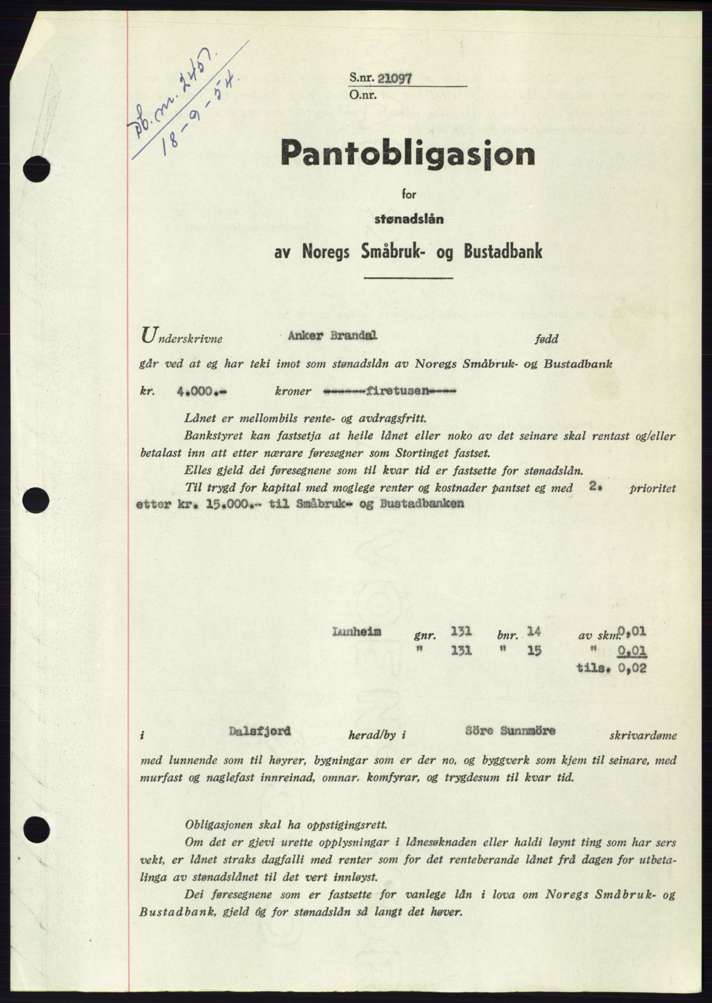 Søre Sunnmøre sorenskriveri, SAT/A-4122/1/2/2C/L0125: Pantebok nr. 13B, 1954-1954, Dagboknr: 2451/1954