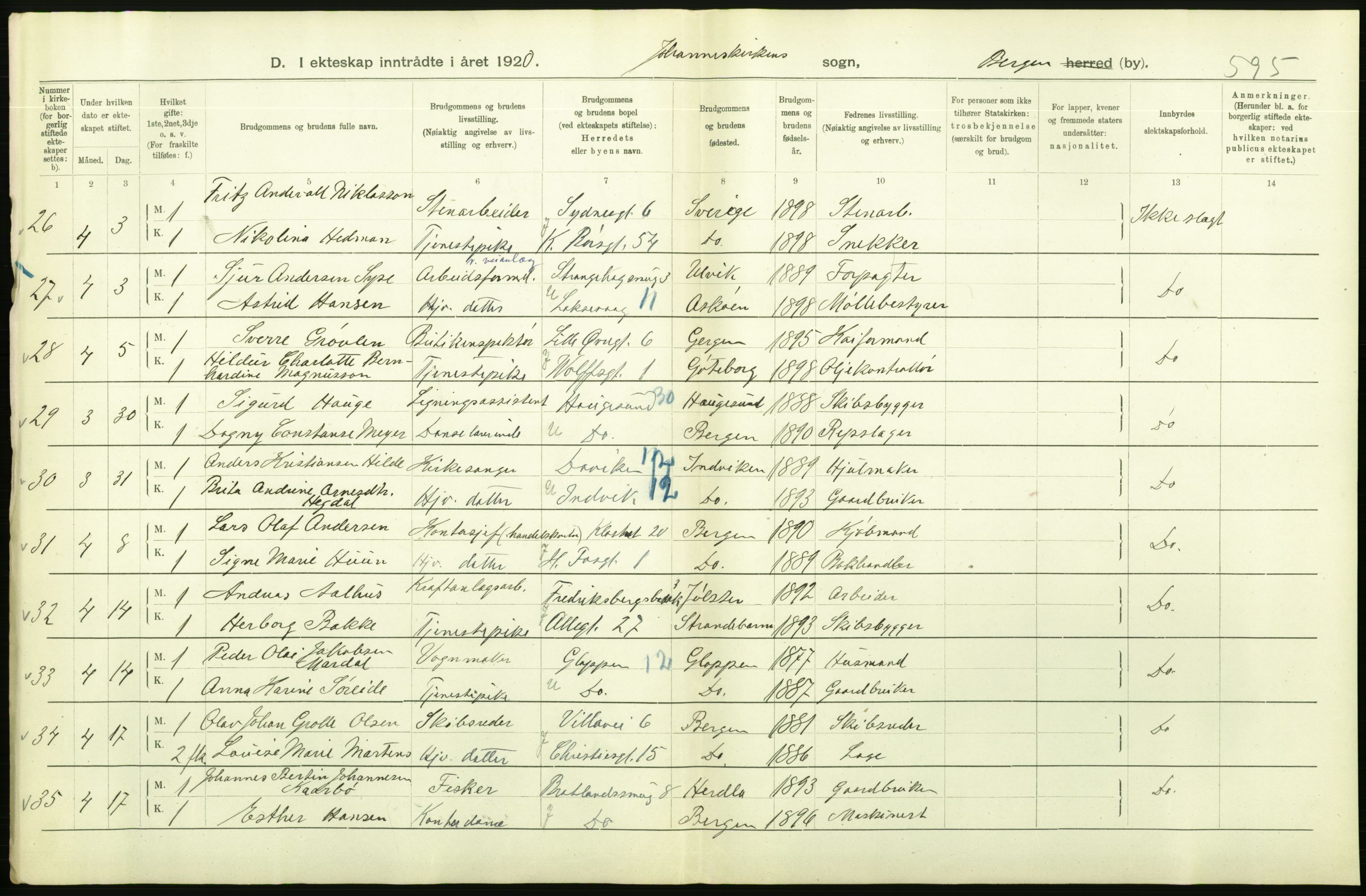 Statistisk sentralbyrå, Sosiodemografiske emner, Befolkning, AV/RA-S-2228/D/Df/Dfb/Dfbj/L0042: Bergen: Gifte, døde, dødfødte., 1920, s. 178