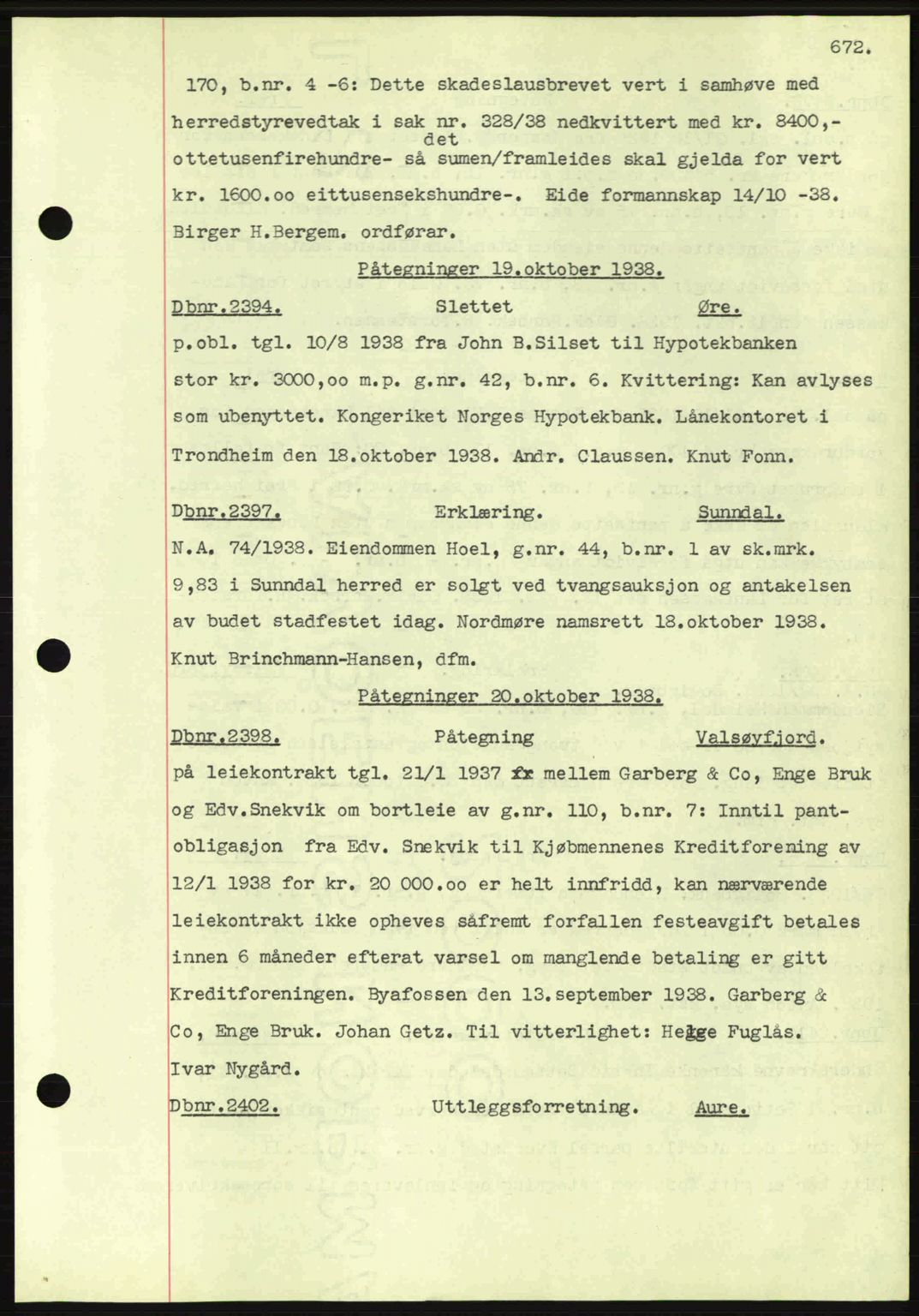 Nordmøre sorenskriveri, SAT/A-4132/1/2/2Ca: Pantebok nr. C80, 1936-1939, Dagboknr: 2394/1938