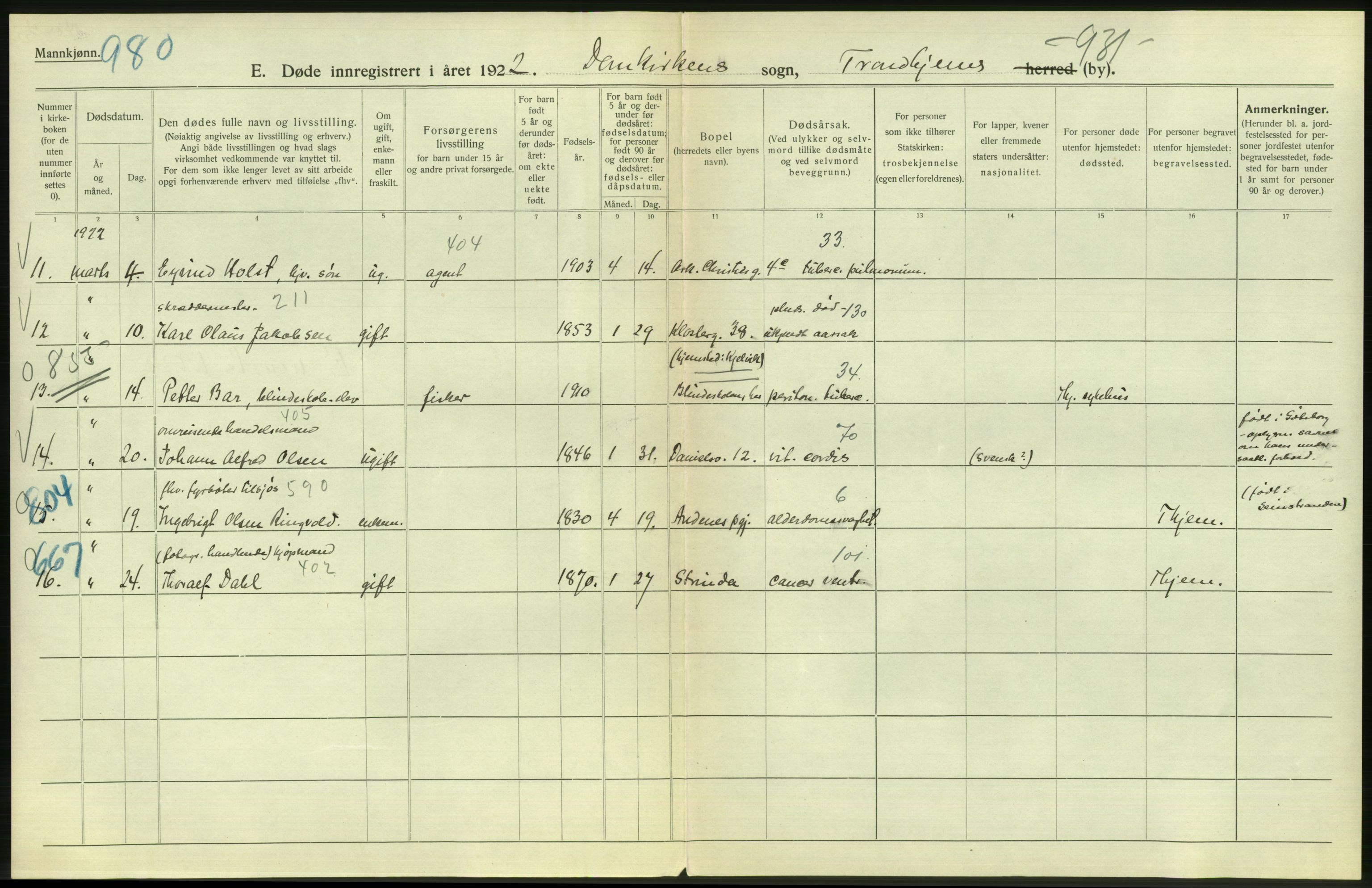 Statistisk sentralbyrå, Sosiodemografiske emner, Befolkning, AV/RA-S-2228/D/Df/Dfc/Dfcb/L0040: Trondheim: Gifte, døde, dødfødte., 1922, s. 350