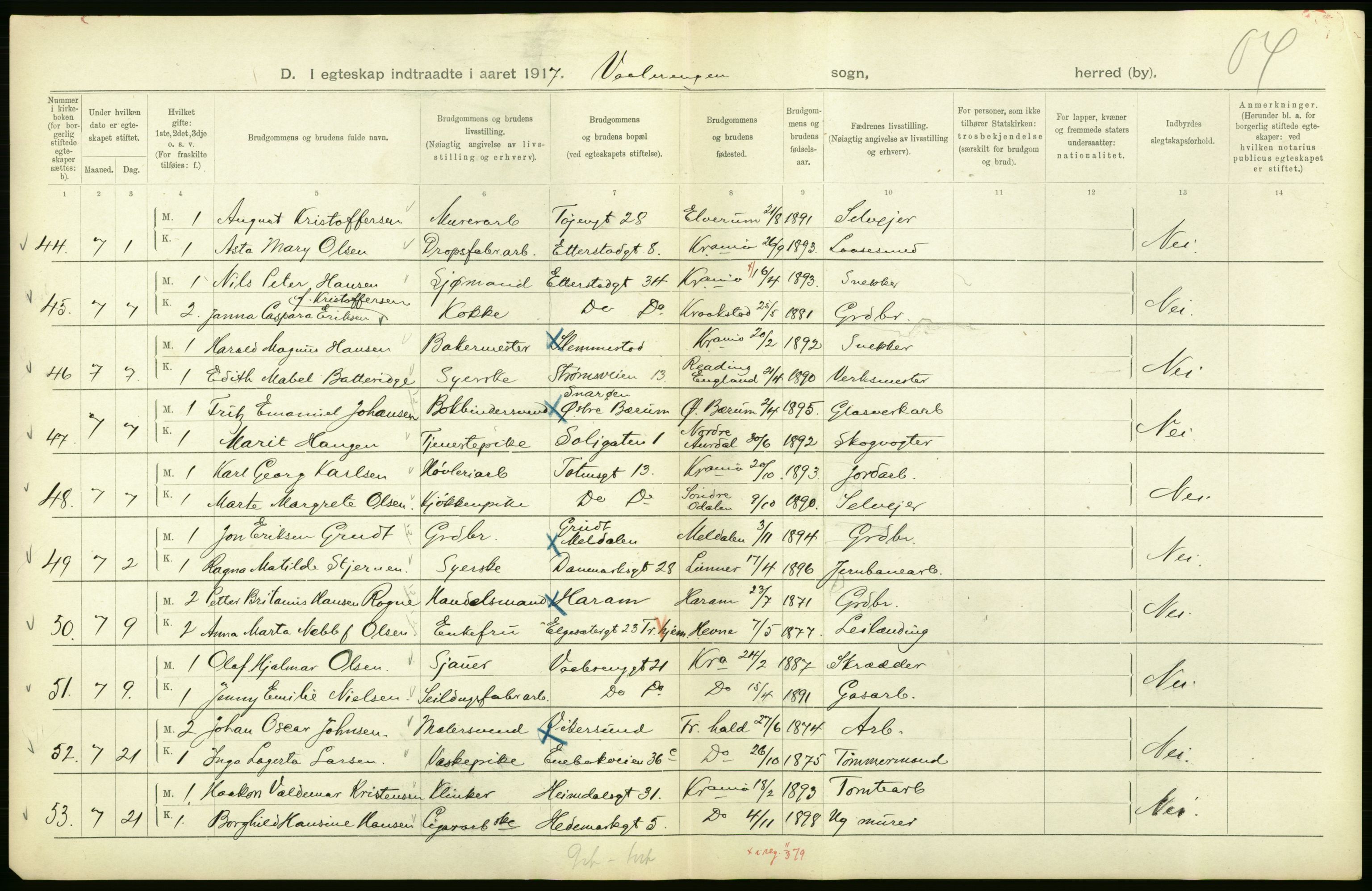 Statistisk sentralbyrå, Sosiodemografiske emner, Befolkning, AV/RA-S-2228/D/Df/Dfb/Dfbg/L0009: Kristiania: Gifte, 1917, s. 84