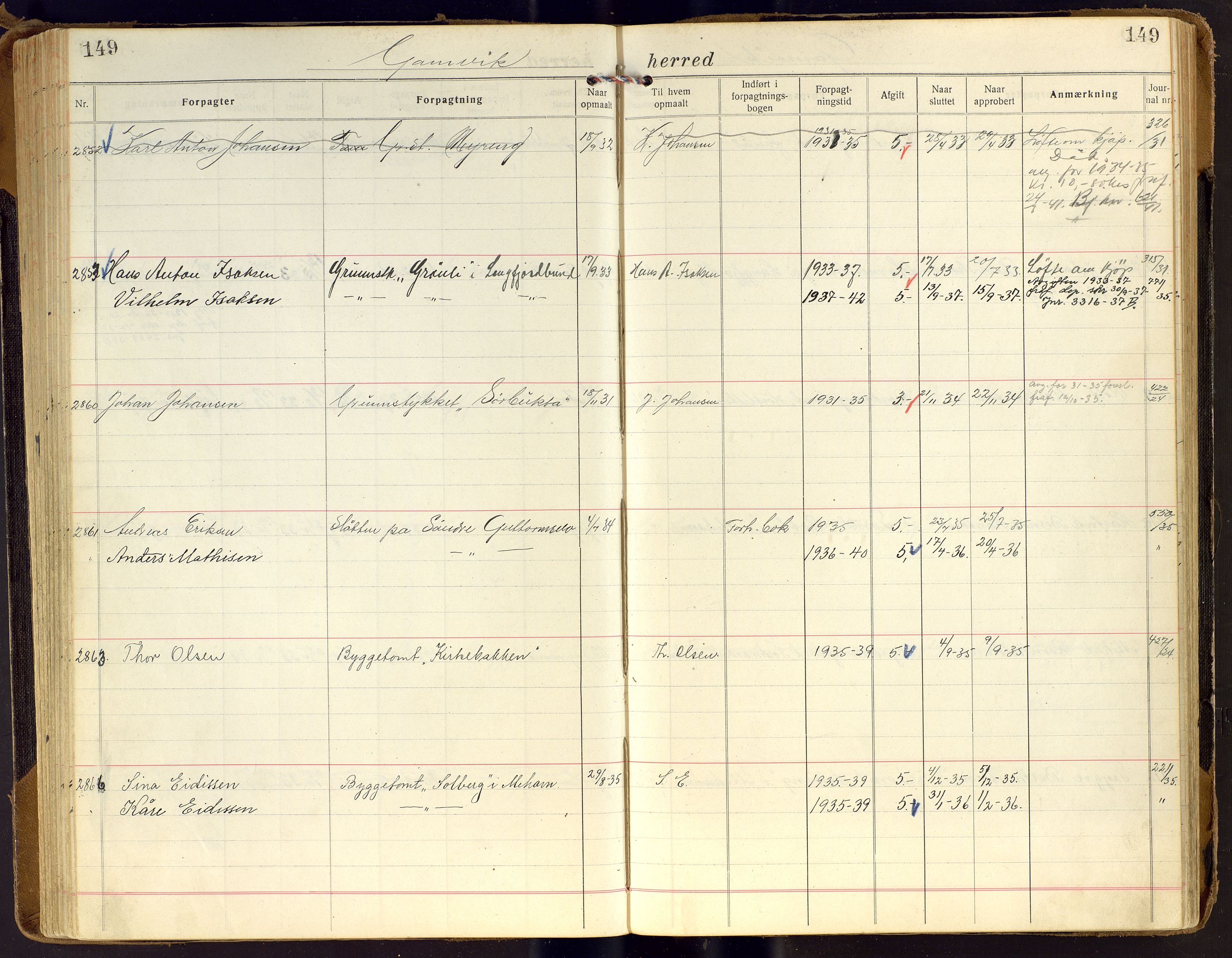 Finnmark jordsalgskommisjon/jordsalgskontor og Statskog SF Finnmark jordsalgskontor, AV/SATØ-S-1443/J/Ja/L0006: Forpaktningsbok for Finnmark II, 1916-1947, s. 149