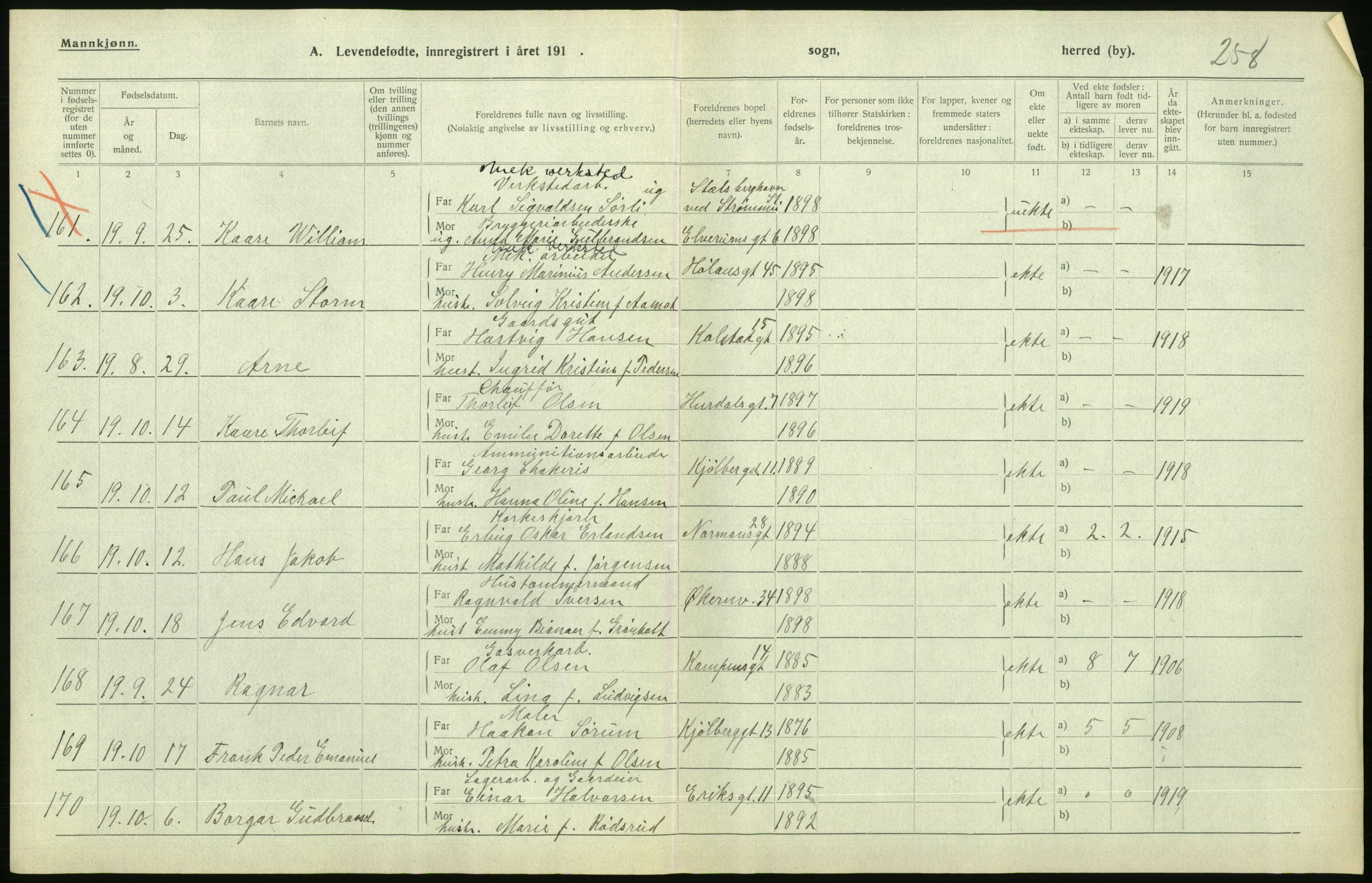 Statistisk sentralbyrå, Sosiodemografiske emner, Befolkning, AV/RA-S-2228/D/Df/Dfb/Dfbi/L0008: Kristiania: Levendefødte menn og kvinner., 1919