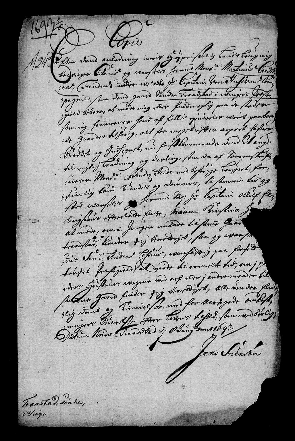 Stattholderembetet 1572-1771, RA/EA-2870/Af/L0004: Avskrifter av vedlegg til originale supplikker, nummerert i samsvar med supplikkbøkene, 1691-1694, s. 243