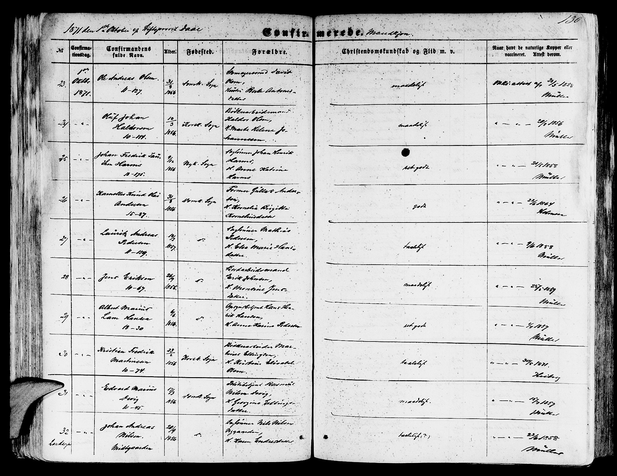 Domkirken sokneprestembete, SAB/A-74801/H/Hab/L0023: Klokkerbok nr. C 3, 1854-1880, s. 130
