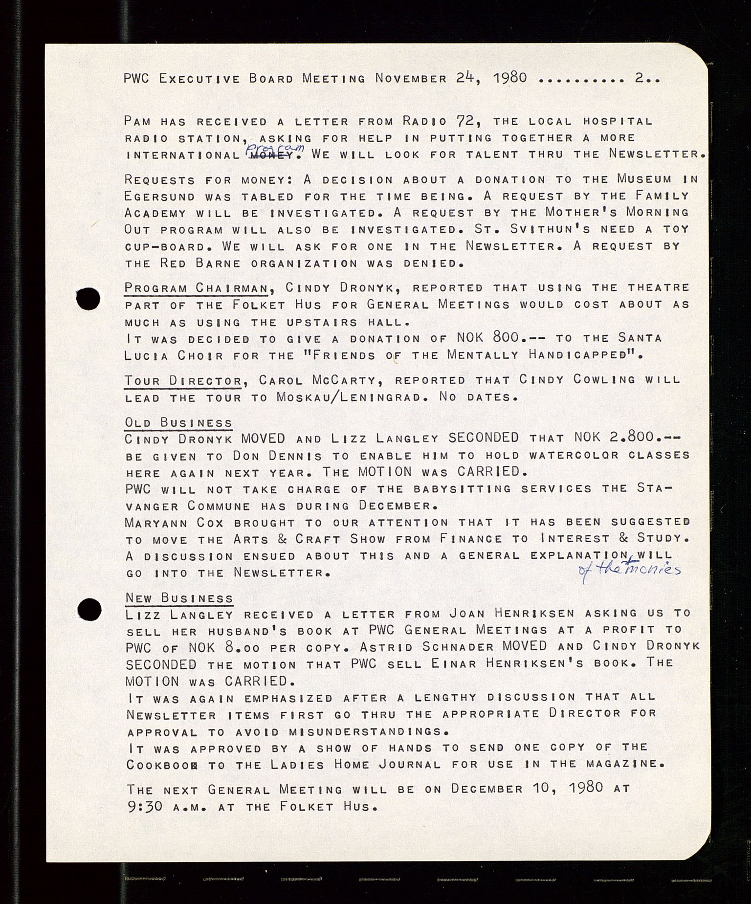 PA 1547 - Petroleum Wives Club, AV/SAST-A-101974/A/Aa/L0001: Board and General Meeting, 1970-1983