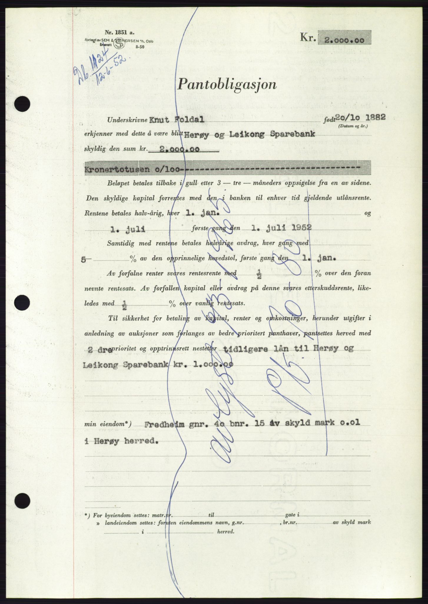 Søre Sunnmøre sorenskriveri, AV/SAT-A-4122/1/2/2C/L0121: Pantebok nr. 9B, 1951-1952, Dagboknr: 1124/1952