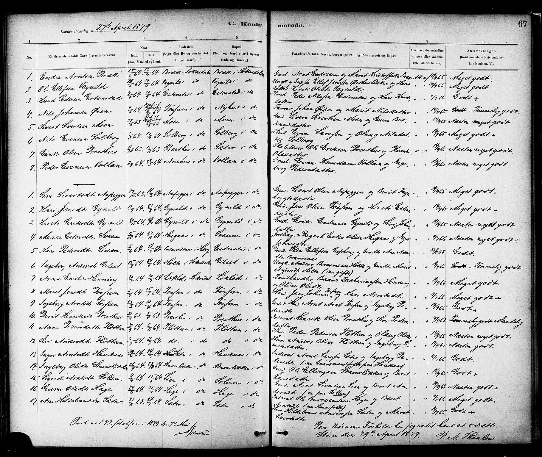 Ministerialprotokoller, klokkerbøker og fødselsregistre - Sør-Trøndelag, AV/SAT-A-1456/689/L1040: Ministerialbok nr. 689A05, 1878-1890, s. 67