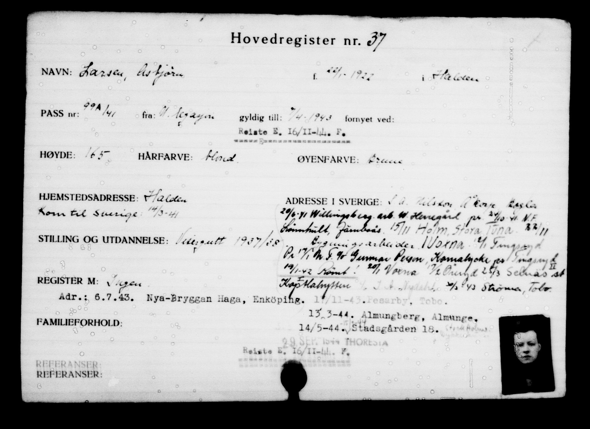Utenriksstasjonene, Legasjonen i Stockholm, Flyktningkontoret, AV/RA-S-6753/V/Va/L0001: Kjesäterkartoteket, flyktninger med registreringsnr. 1-1000, 1940-1945, s. 61