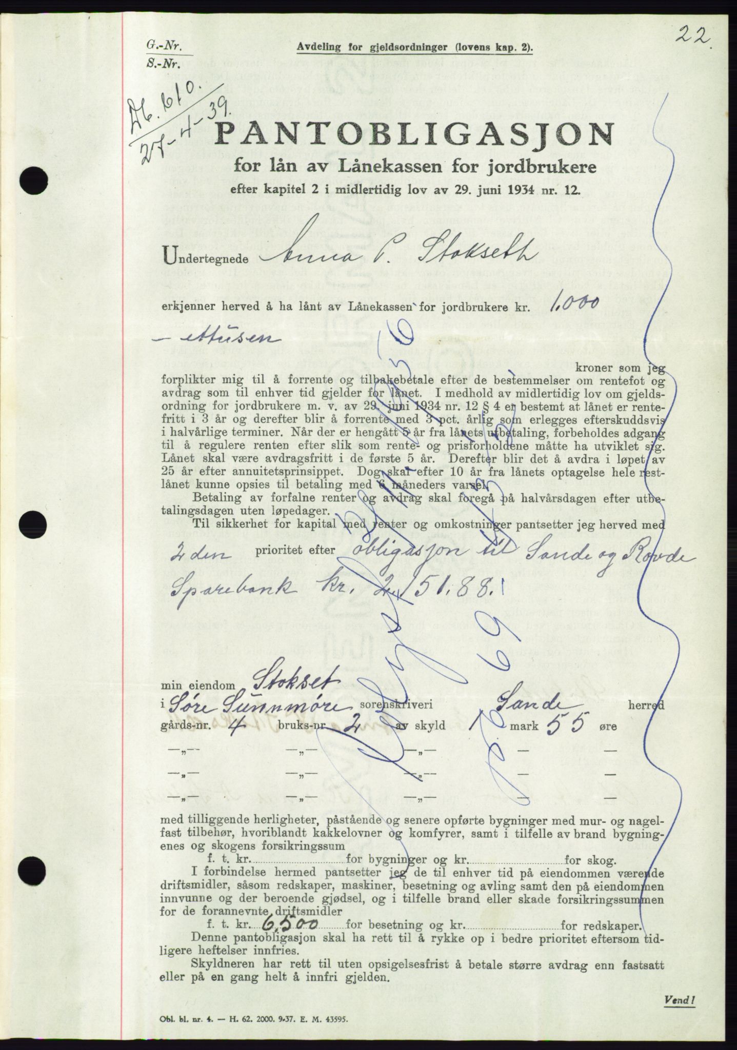 Søre Sunnmøre sorenskriveri, AV/SAT-A-4122/1/2/2C/L0068: Pantebok nr. 62, 1939-1939, Dagboknr: 610/1939