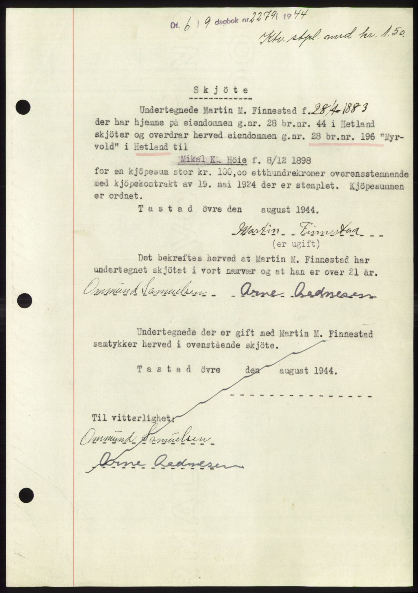 Jæren sorenskriveri, SAST/A-100310/03/G/Gba/L0087: Pantebok, 1944-1945, Dagboknr: 2279/1944