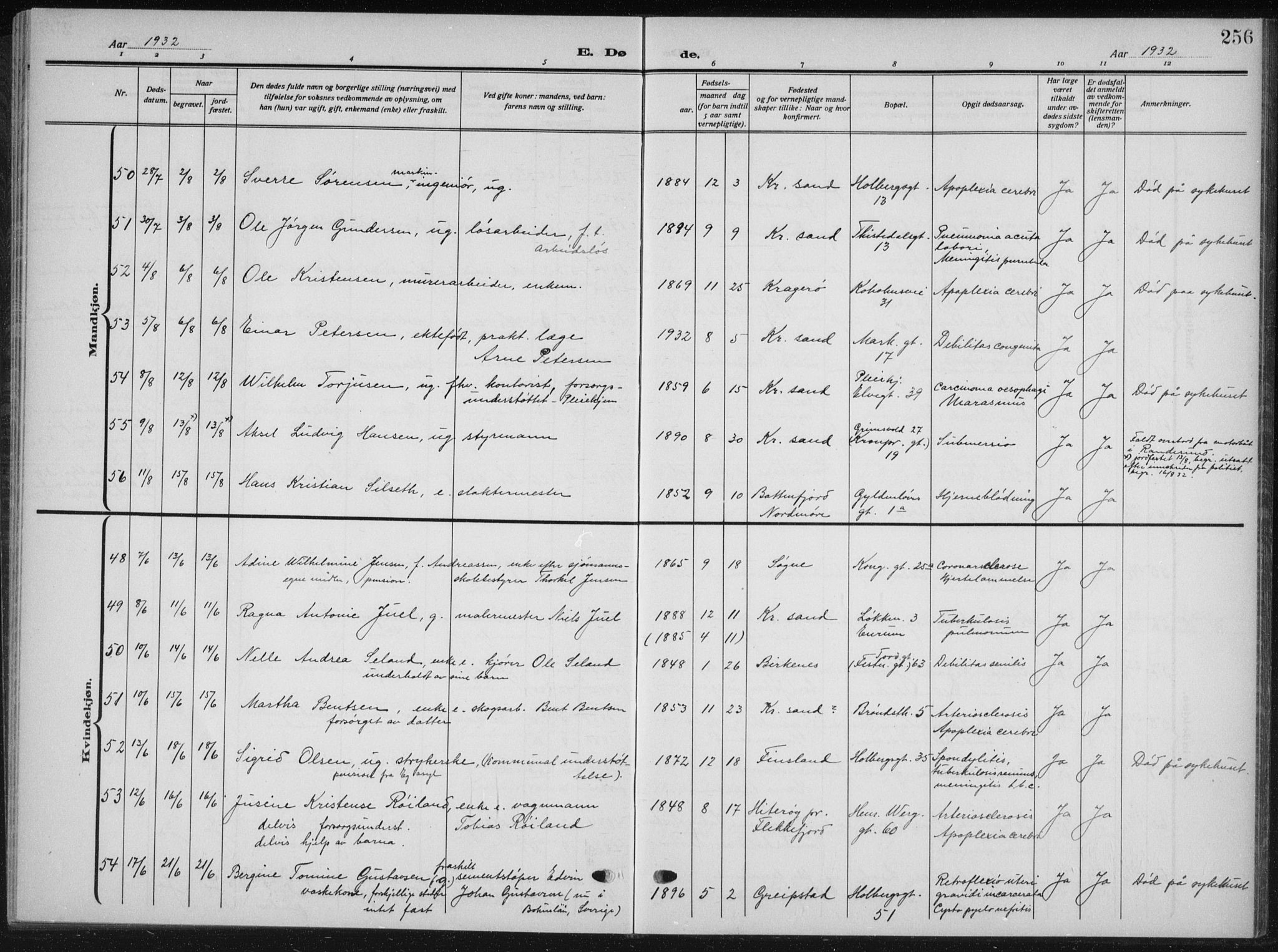 Kristiansand domprosti, AV/SAK-1112-0006/F/Fb/L0025: Klokkerbok nr. B 25, 1924-1934, s. 256