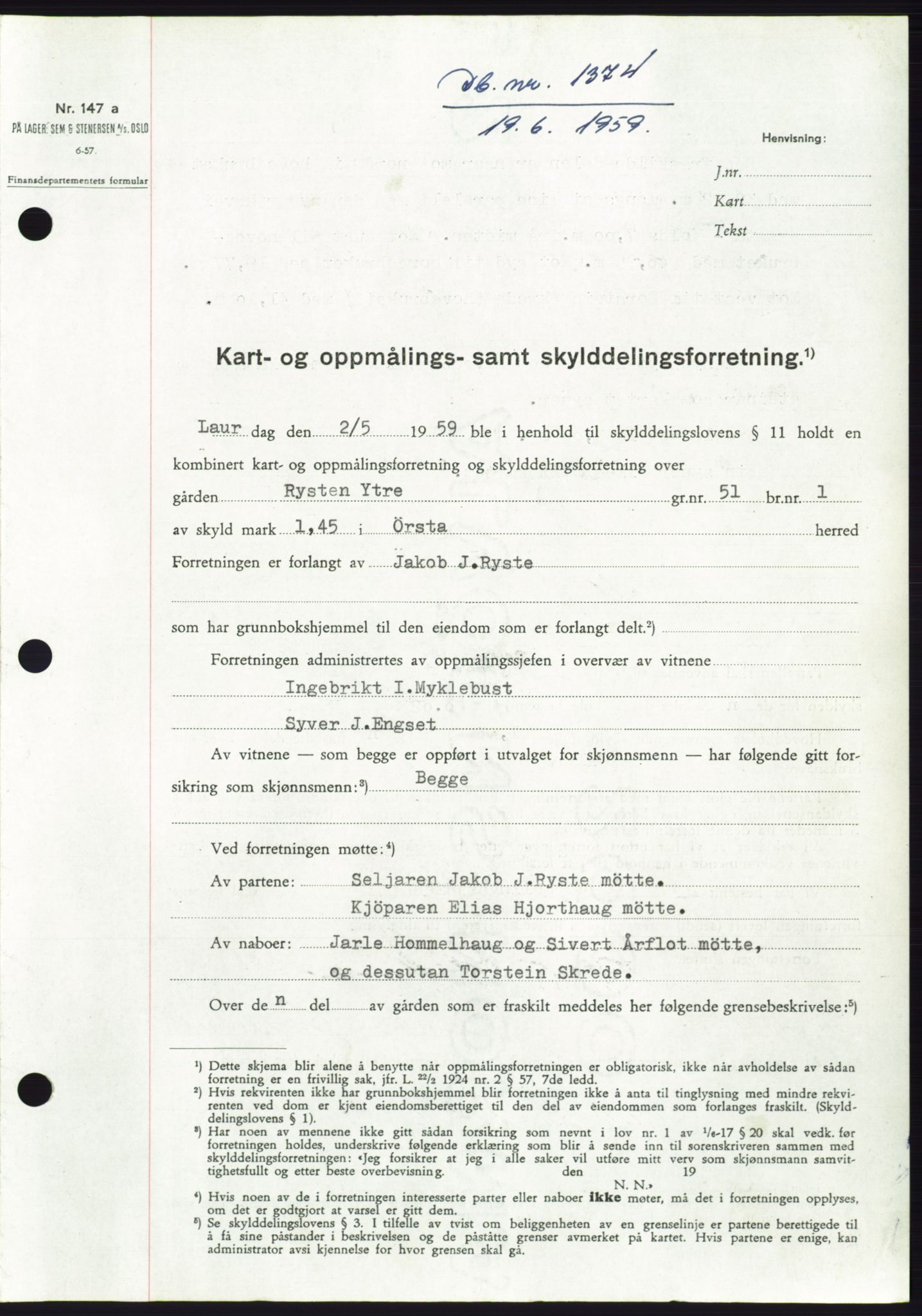 Søre Sunnmøre sorenskriveri, SAT/A-4122/1/2/2C/L0112: Pantebok nr. 38A, 1959-1959, Dagboknr: 1374/1959