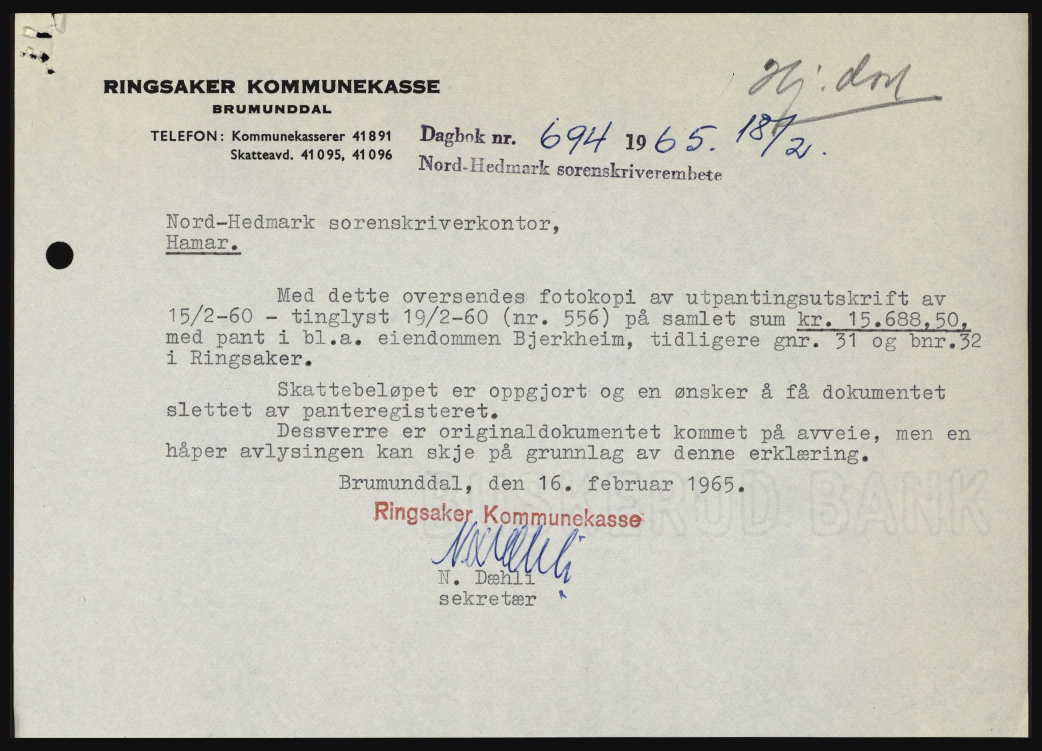 Nord-Hedmark sorenskriveri, SAH/TING-012/H/Hc/L0021: Pantebok nr. 21, 1964-1965, Dagboknr: 694/1965