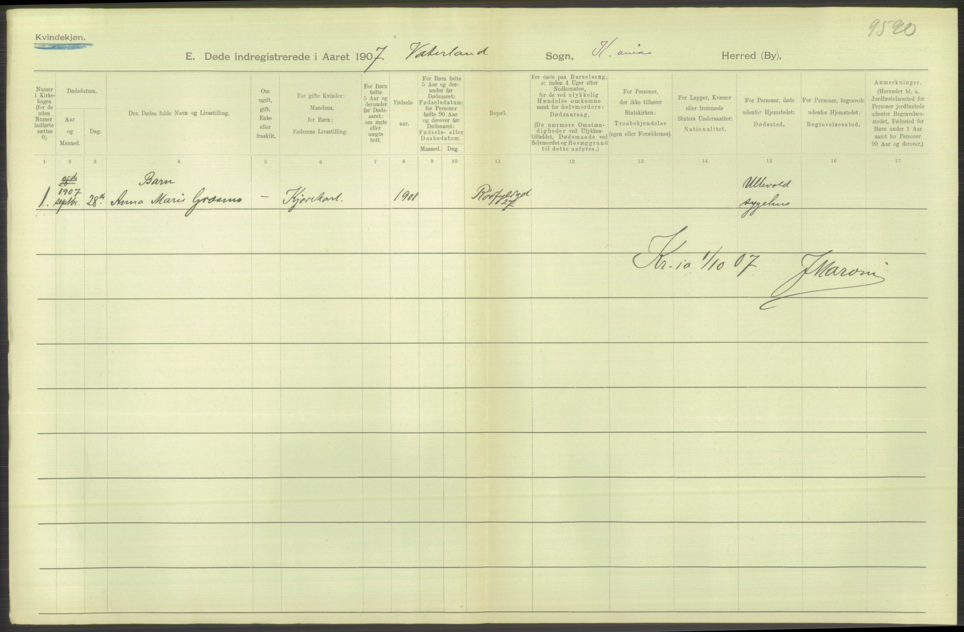 Statistisk sentralbyrå, Sosiodemografiske emner, Befolkning, AV/RA-S-2228/D/Df/Dfa/Dfae/L0009: Kristiania: Døde, 1907, s. 574