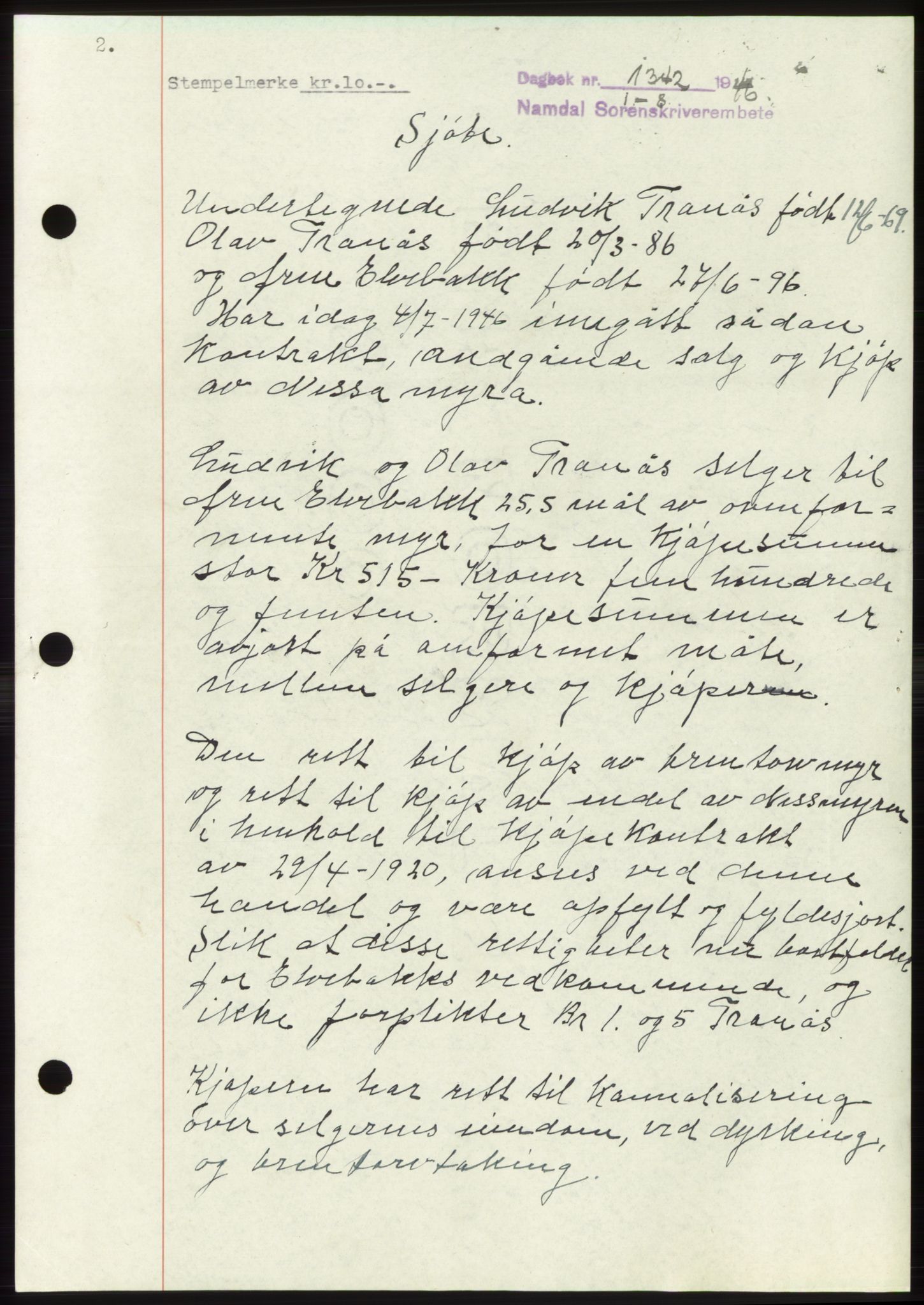 Namdal sorenskriveri, SAT/A-4133/1/2/2C: Pantebok nr. -, 1946-1946, Dagboknr: 1342/1946