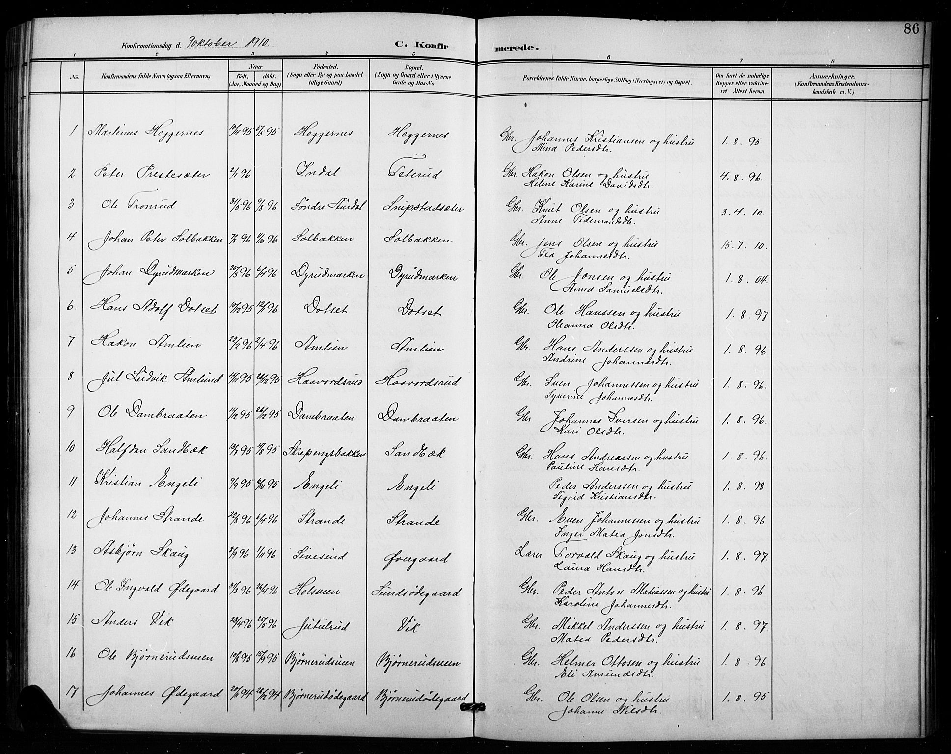 Vestre Toten prestekontor, AV/SAH-PREST-108/H/Ha/Hab/L0016: Klokkerbok nr. 16, 1901-1915, s. 86
