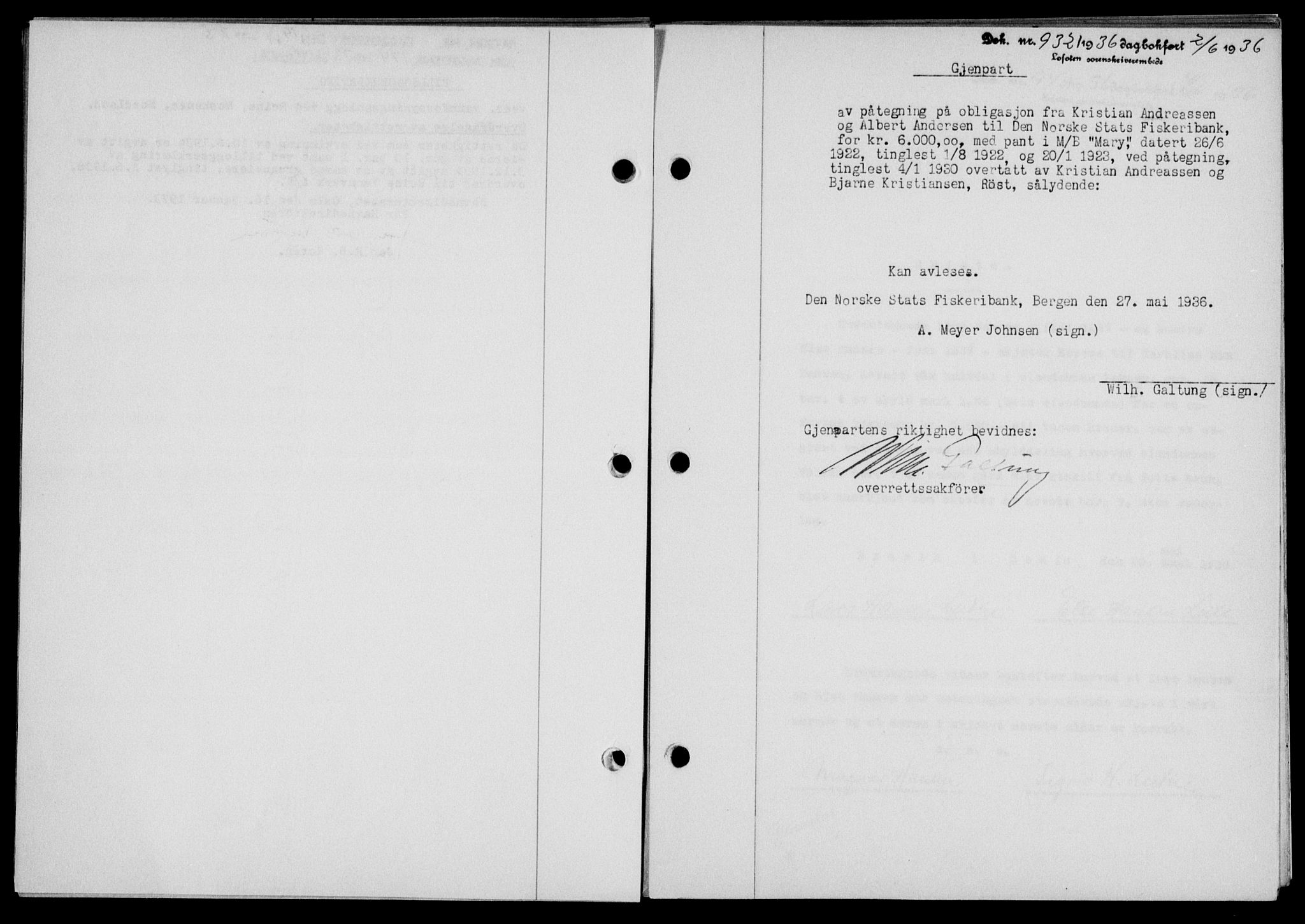 Lofoten sorenskriveri, SAT/A-0017/1/2/2C/L0033b: Pantebok nr. 33b, 1936-1936, Dagboknr: 932/1936