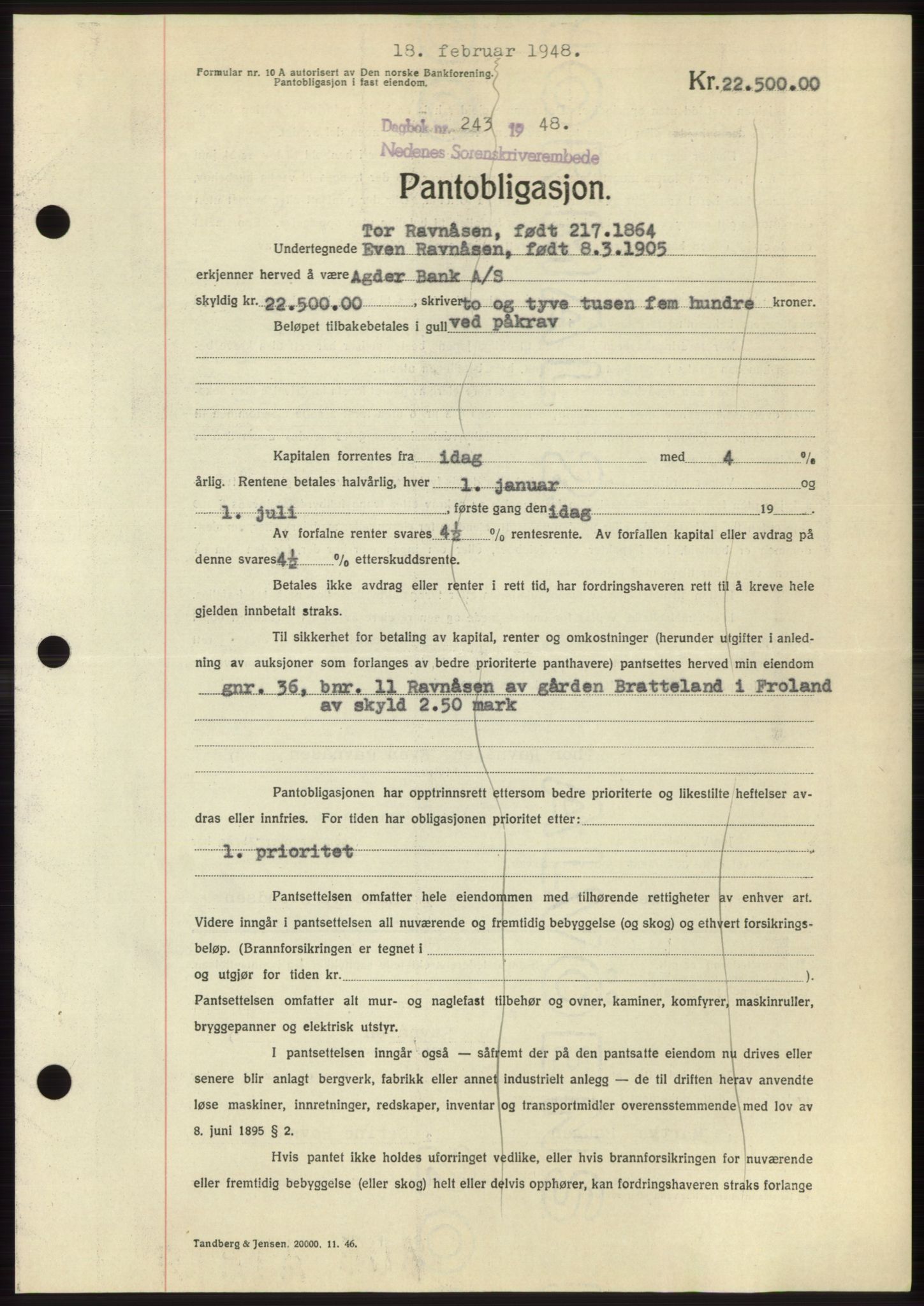 Nedenes sorenskriveri, AV/SAK-1221-0006/G/Gb/Gbb/L0005: Pantebok nr. B5, 1948-1948, Dagboknr: 243/1948