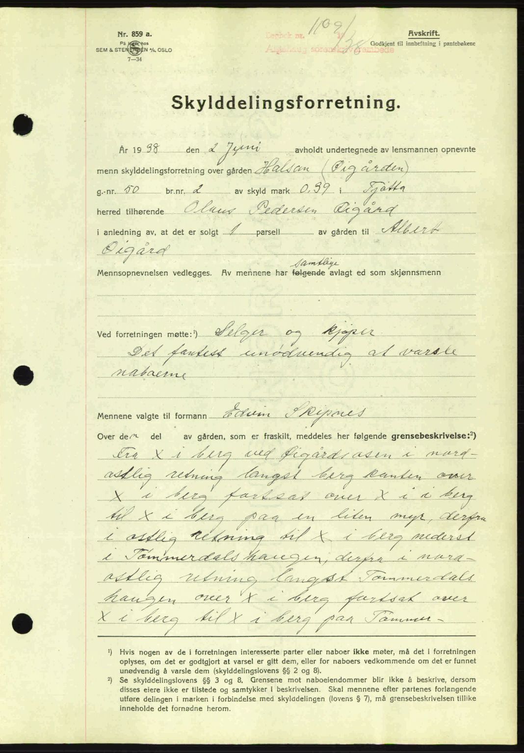 Alstahaug sorenskriveri, SAT/A-1009: Pantebok nr. A3, 1937-1938, Dagboknr: 1109/1938