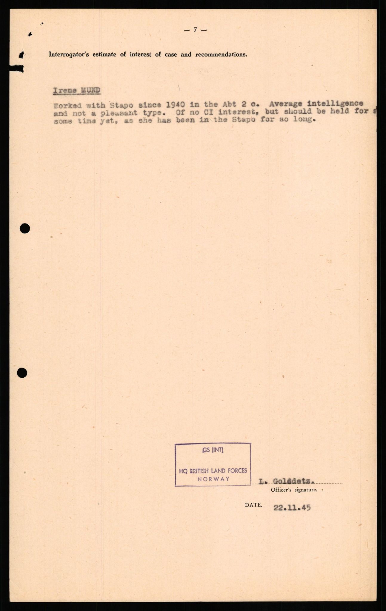 Forsvaret, Forsvarets overkommando II, AV/RA-RAFA-3915/D/Db/L0022: CI Questionaires. Tyske okkupasjonsstyrker i Norge. Tyskere., 1945-1946, s. 450