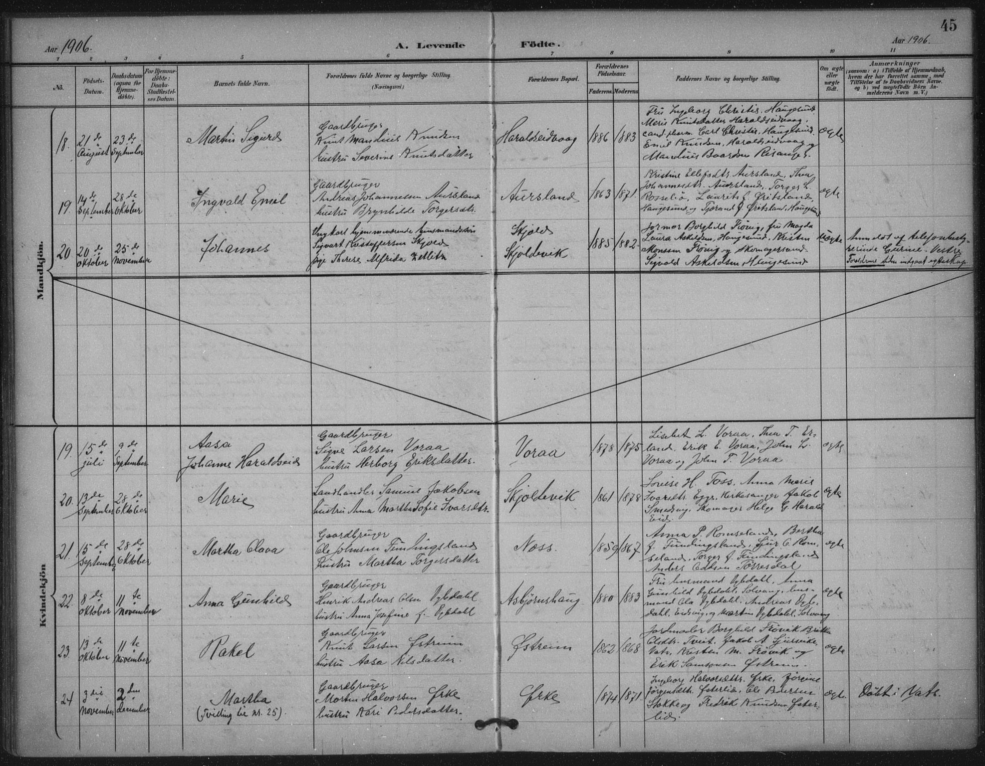 Skjold sokneprestkontor, AV/SAST-A-101847/H/Ha/Haa/L0011: Ministerialbok nr. A 11, 1897-1914, s. 45