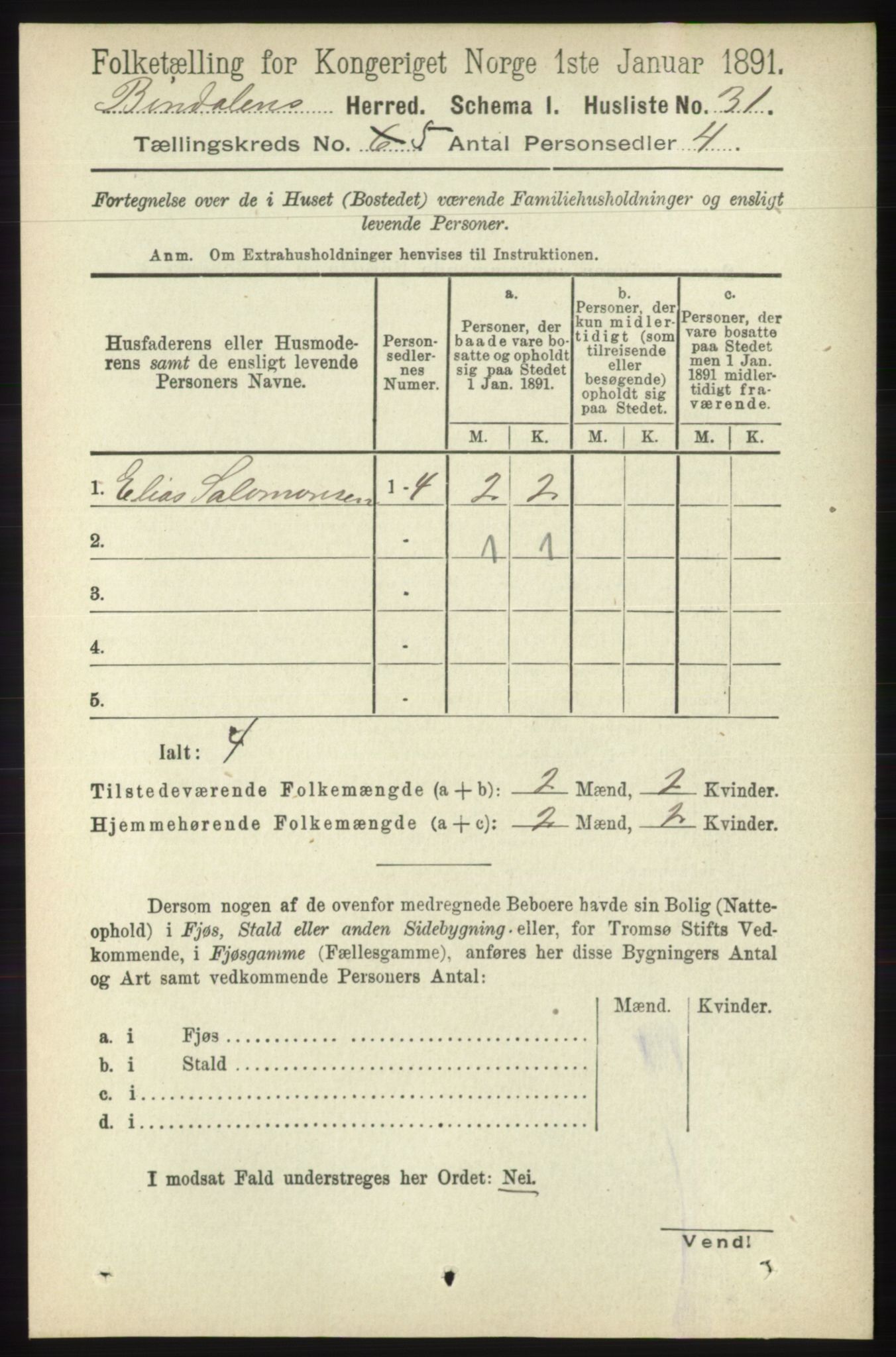 RA, Folketelling 1891 for 1811 Bindal herred, 1891, s. 1300