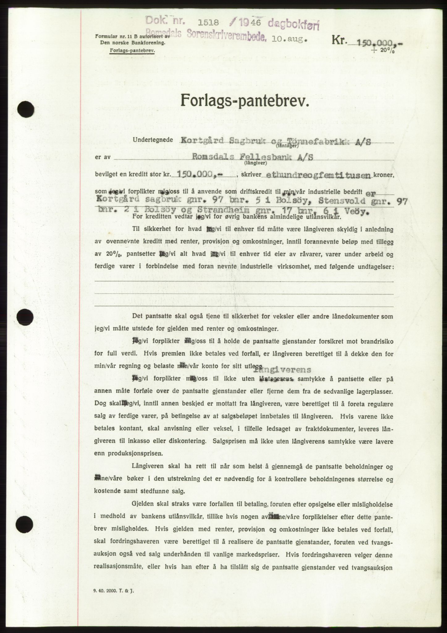 Romsdal sorenskriveri, SAT/A-4149/1/2/2C: Pantebok nr. B3, 1946-1948, Dagboknr: 1518/1946