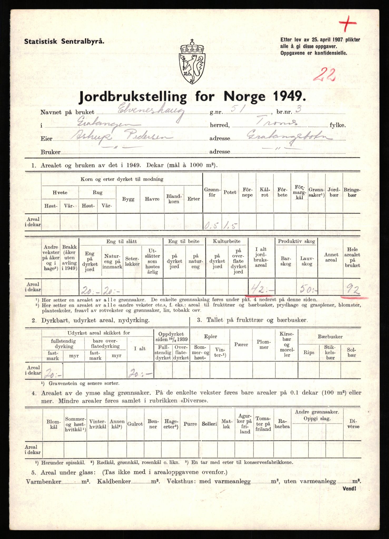 Statistisk sentralbyrå, Næringsøkonomiske emner, Jordbruk, skogbruk, jakt, fiske og fangst, AV/RA-S-2234/G/Gc/L0437: Troms: Gratangen og Lavangen, 1949, s. 1135