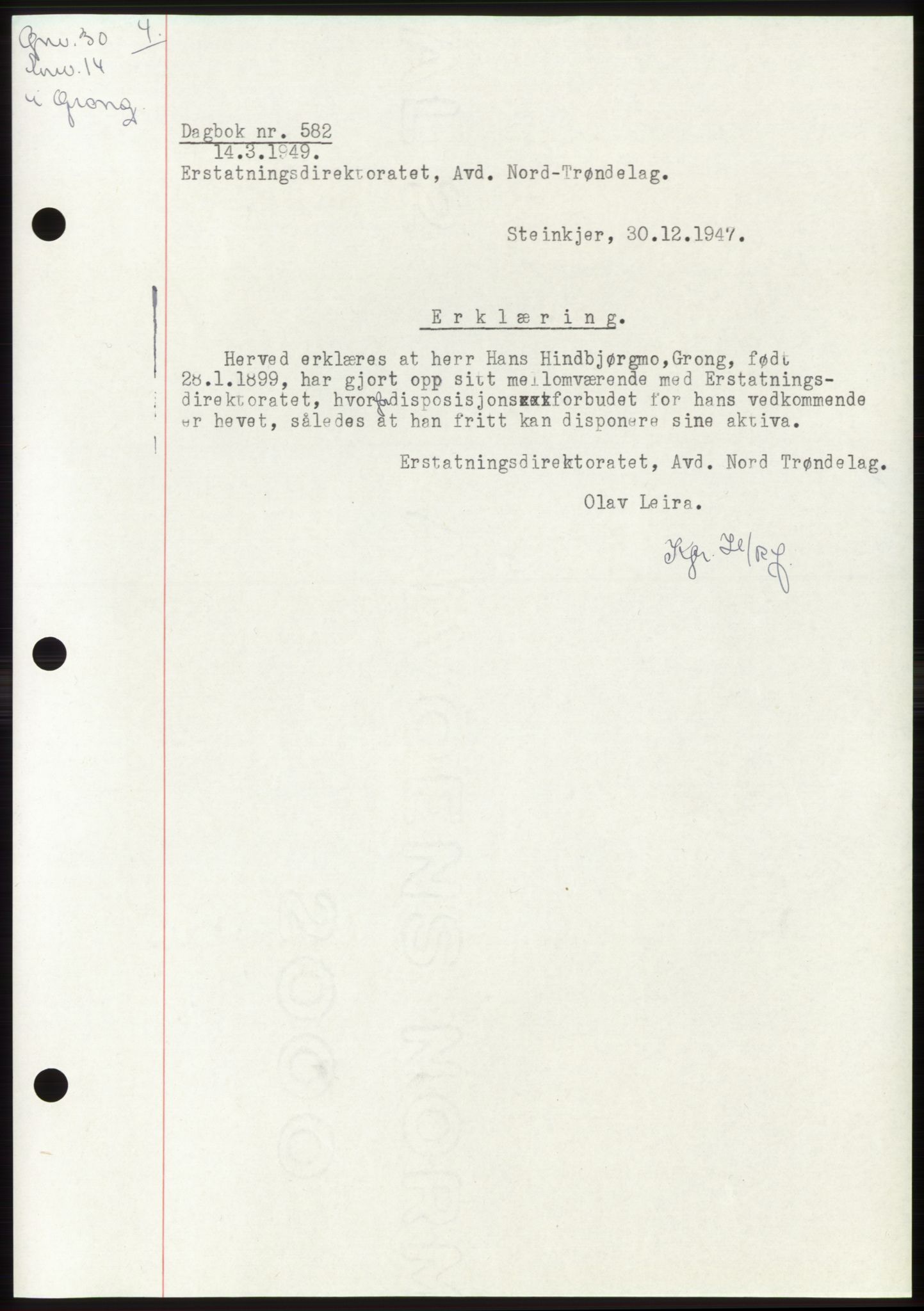 Namdal sorenskriveri, SAT/A-4133/1/2/2C: Pantebok nr. -, 1949-1949, Dagboknr: 582/1949