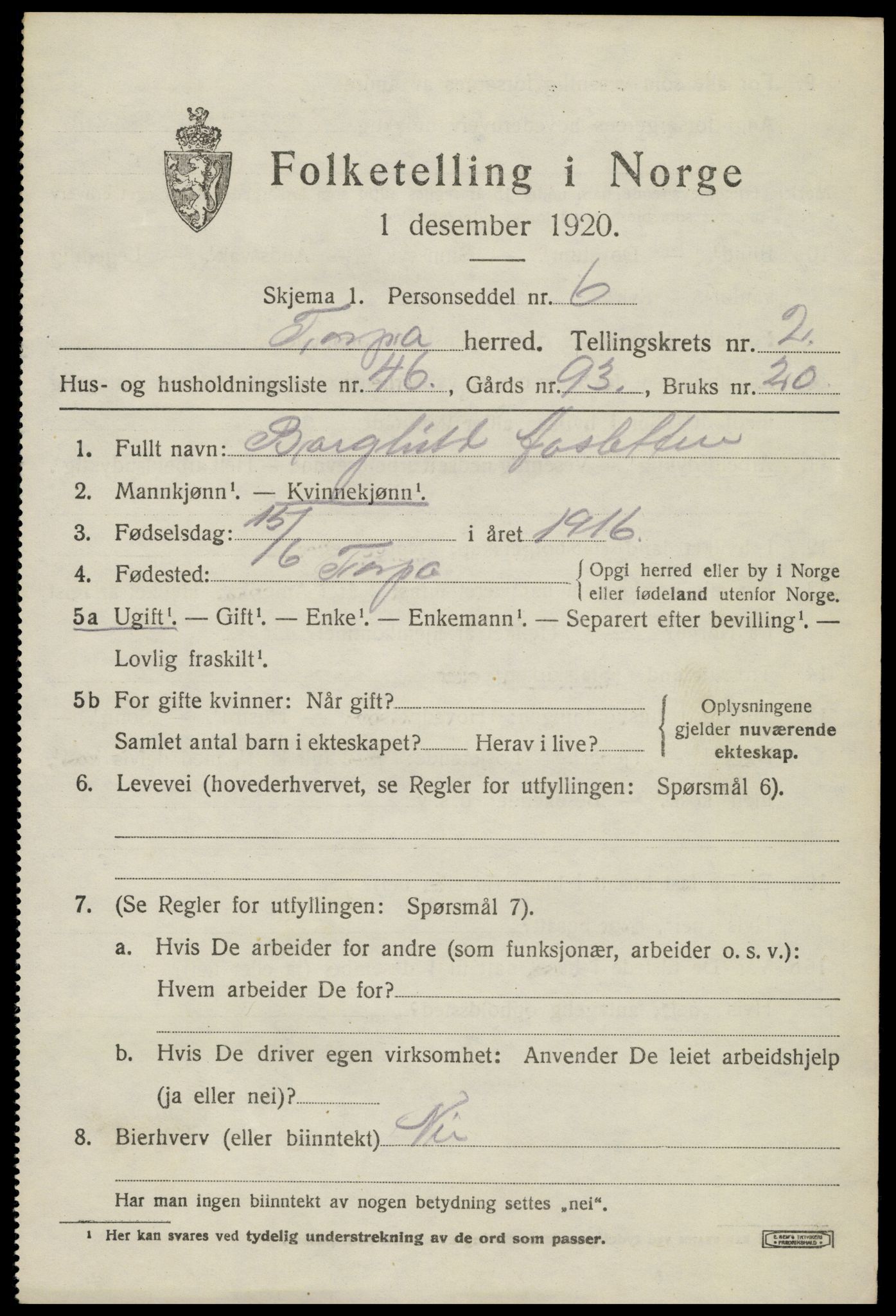 SAH, Folketelling 1920 for 0539 Torpa herred, 1920, s. 2237