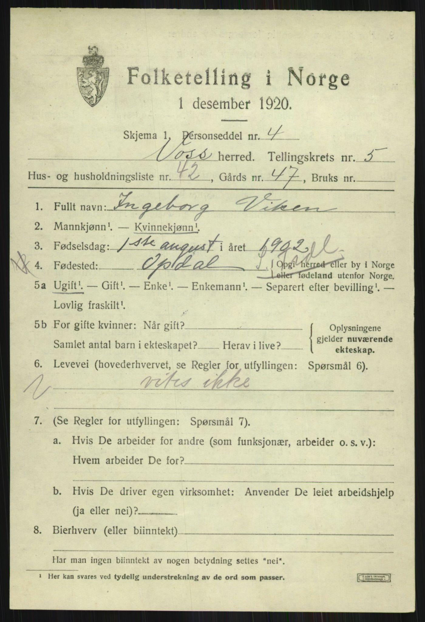 SAB, Folketelling 1920 for 1235 Voss herred, 1920, s. 5709