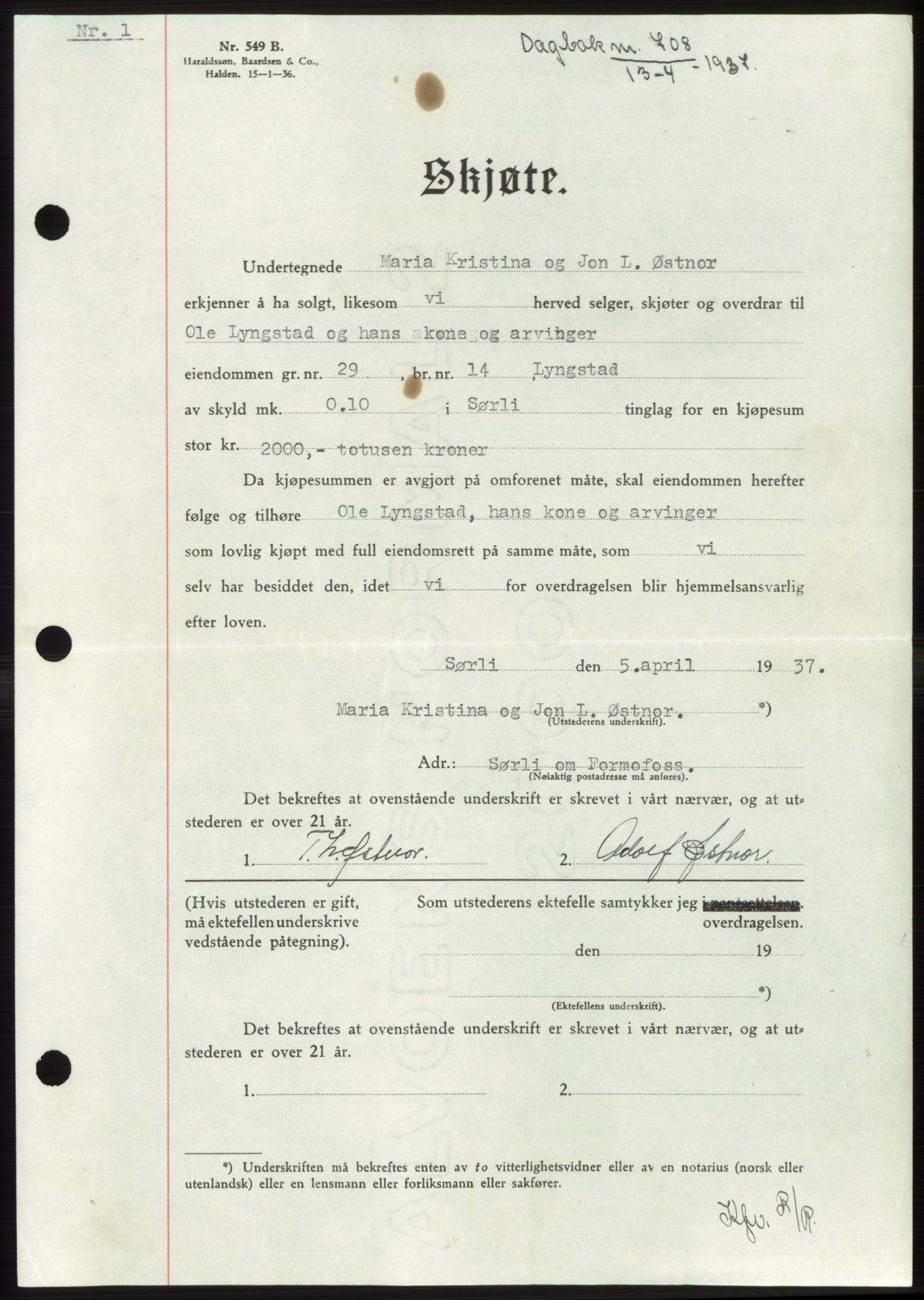Namdal sorenskriveri, SAT/A-4133/1/2/2C: Pantebok nr. -, 1937-1939, Tingl.dato: 13.04.1937