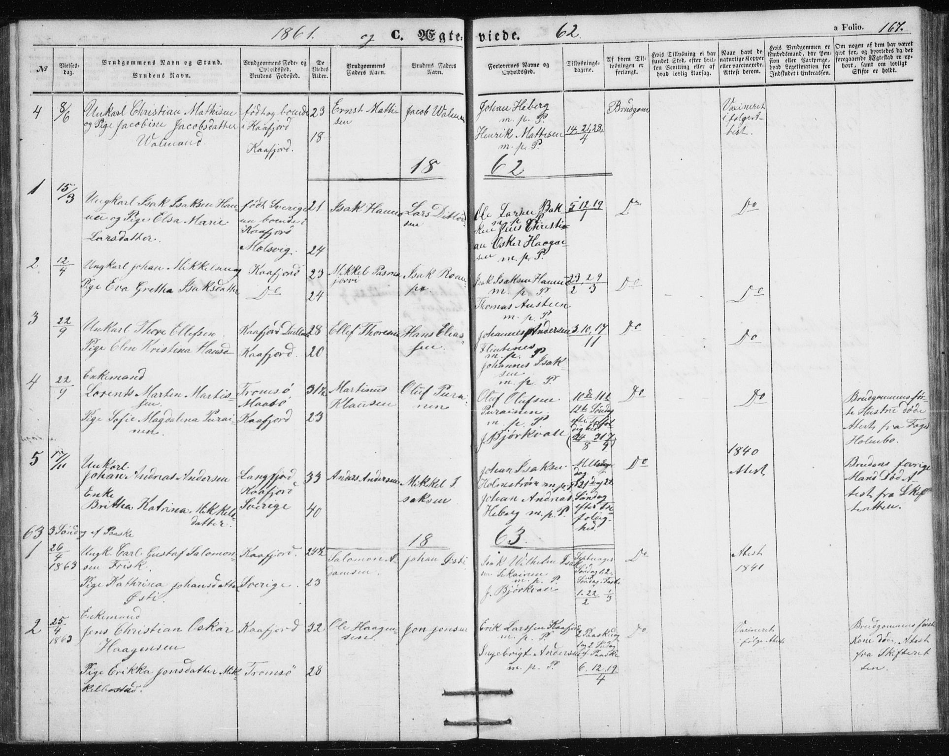 Alta sokneprestkontor, AV/SATØ-S-1338/H/Hb/L0002.klokk: Klokkerbok nr. 2, 1856-1880, s. 167