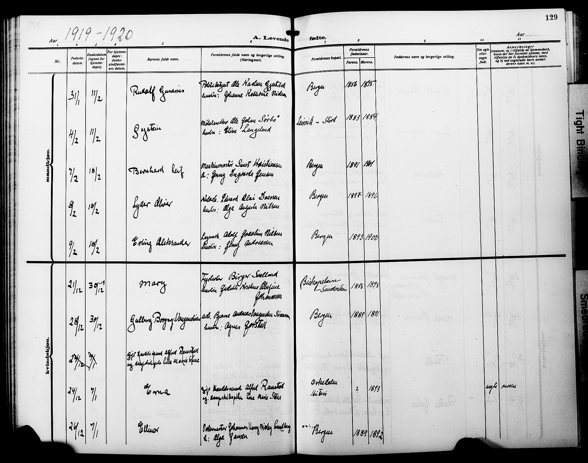 Fødselsstiftelsens sokneprestembete*, SAB/-: Klokkerbok nr. A 3, 1916-1925, s. 129