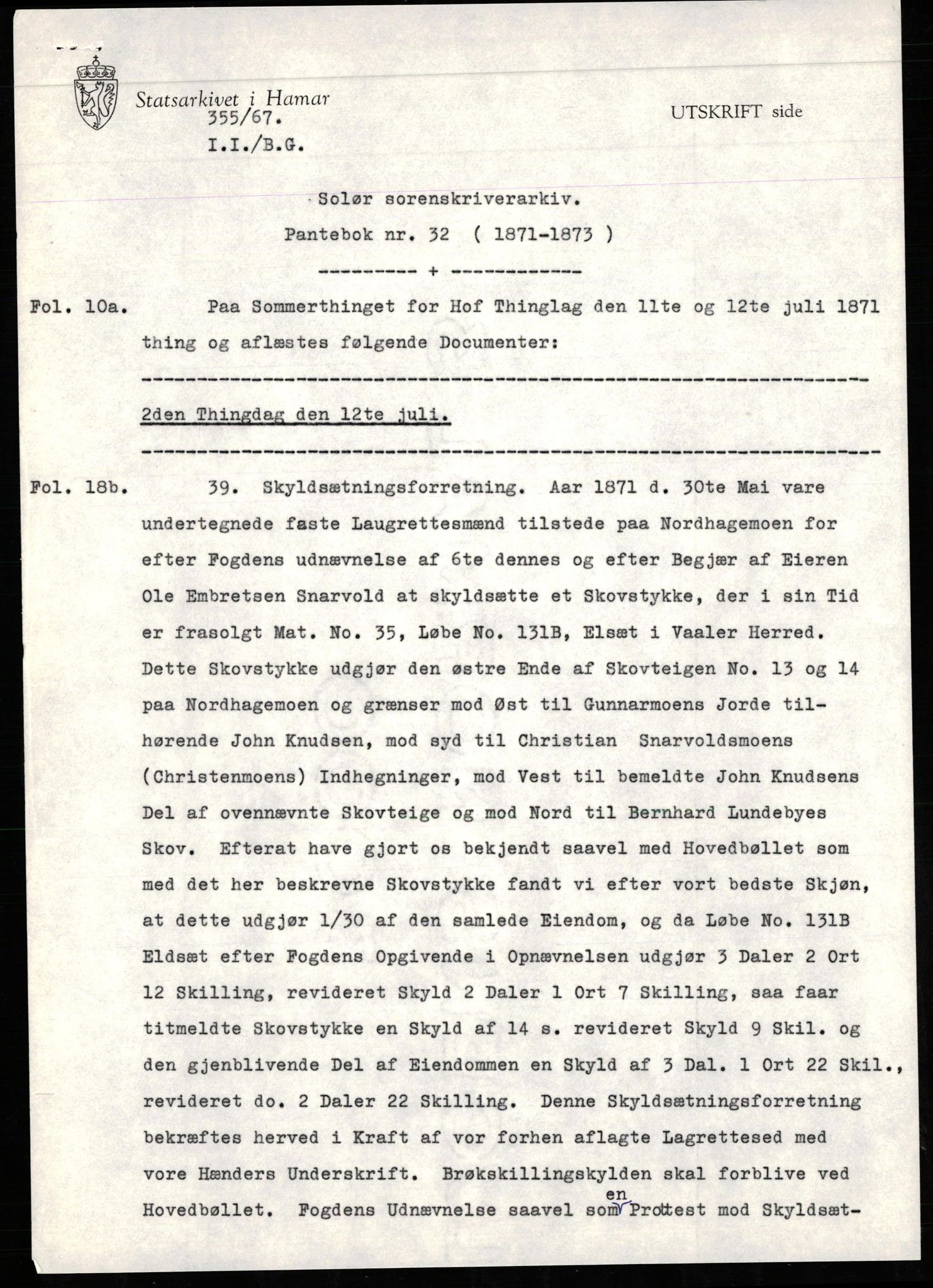 Avskriftssamlingen ved Statsarkivet i Hamar, SAH/AVSKRIFT-001/H/Ht/Hta/L0032: Pantebok for Solør, 1871-1873